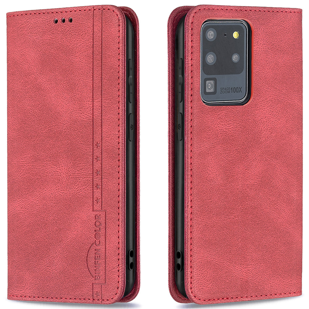 BINFEN COLOR Shockproof Scratch Resistant RFID Blocking Design Quality PU Leather Phone Case Stand Cover for Samsung Galaxy S20 Ultra - Red