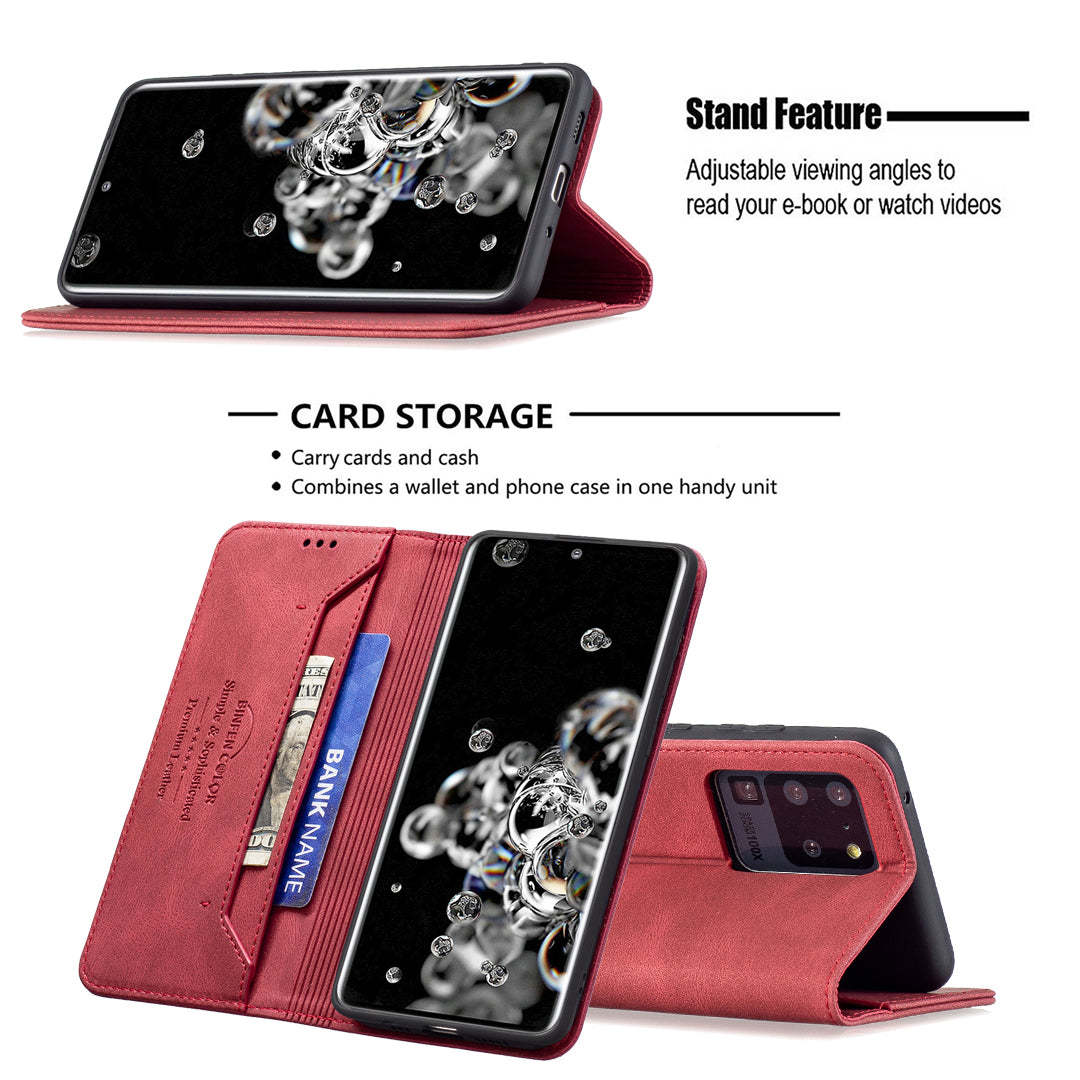 BINFEN COLOR Shockproof Scratch Resistant RFID Blocking Design Quality PU Leather Phone Case Stand Cover for Samsung Galaxy S20 Ultra - Red