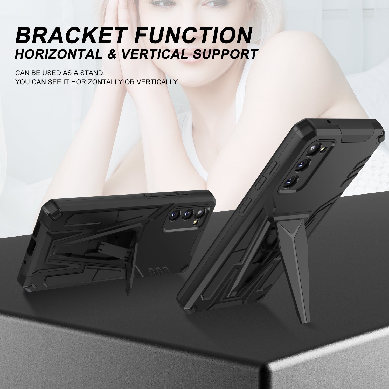 Kickstand Anti-Scratch V-Shaped Armor Hard PC + Soft TPU Frame Hybrid Phone Case for Samsung Galaxy S20 4G/S20 5G - Black