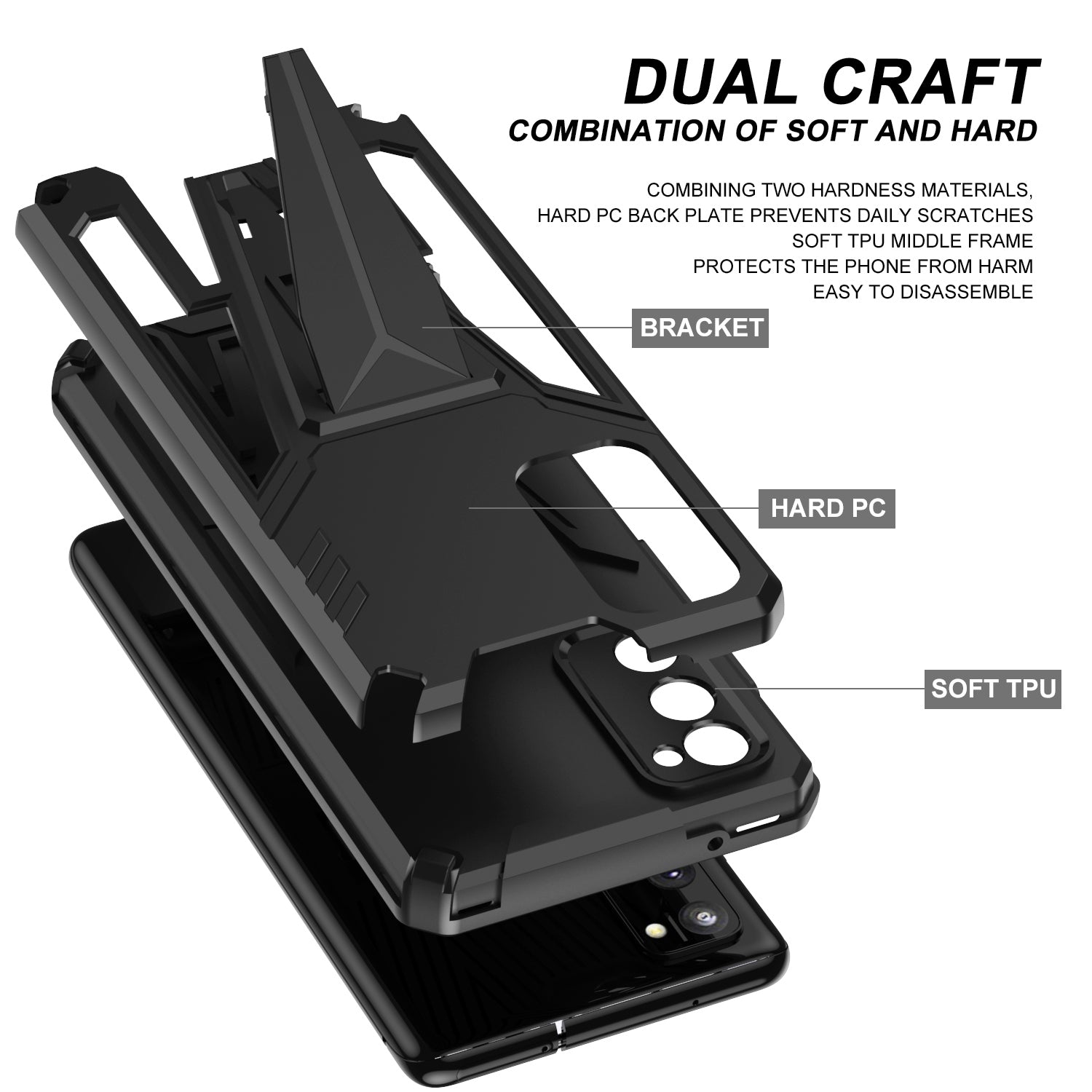 Kickstand Anti-Scratch V-Shaped Armor Hard PC + Soft TPU Frame Hybrid Phone Case for Samsung Galaxy S20 4G/S20 5G - Black