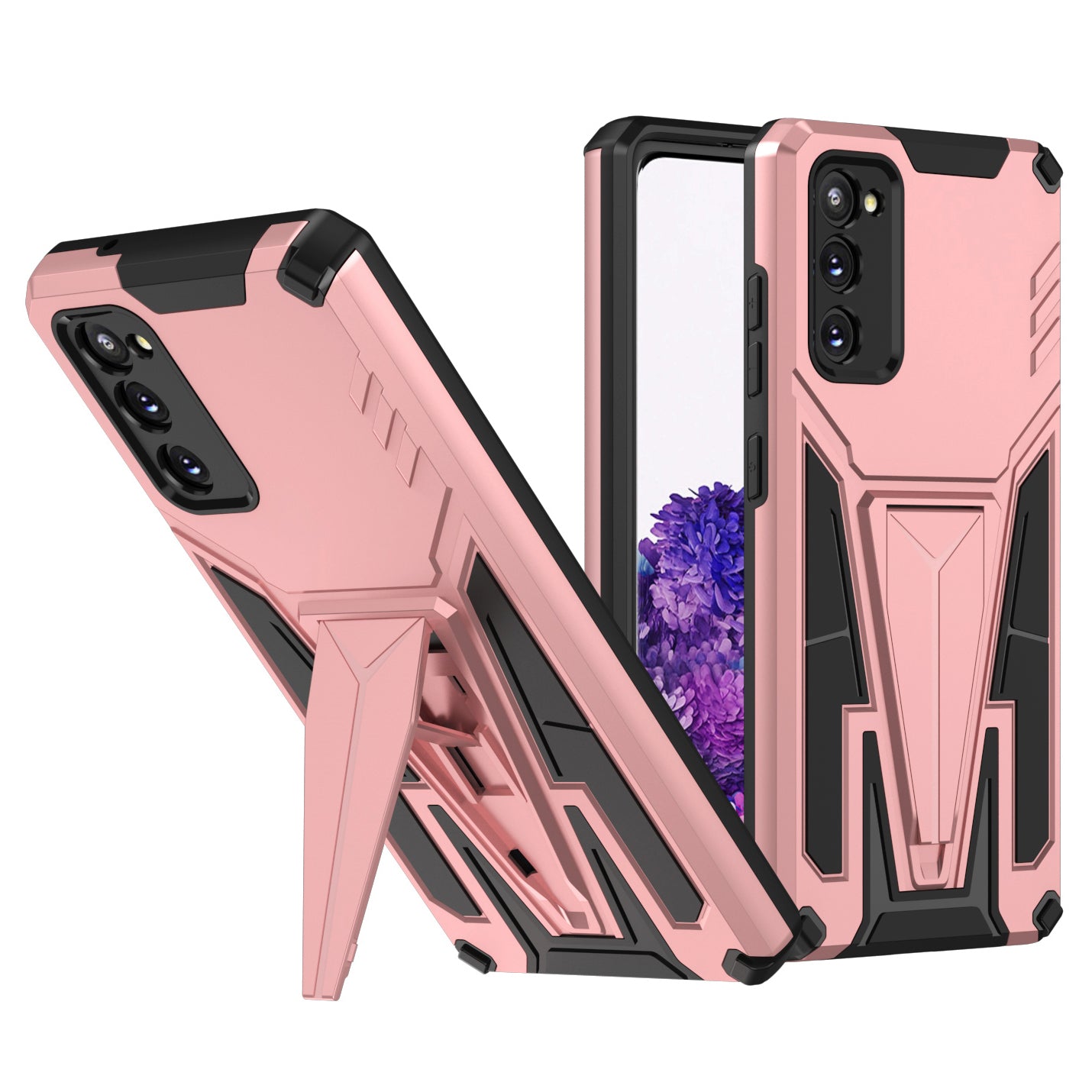 Kickstand Anti-Scratch V-Shaped Armor Hard PC + Soft TPU Frame Hybrid Phone Case for Samsung Galaxy S20 4G/S20 5G - Rose Gold