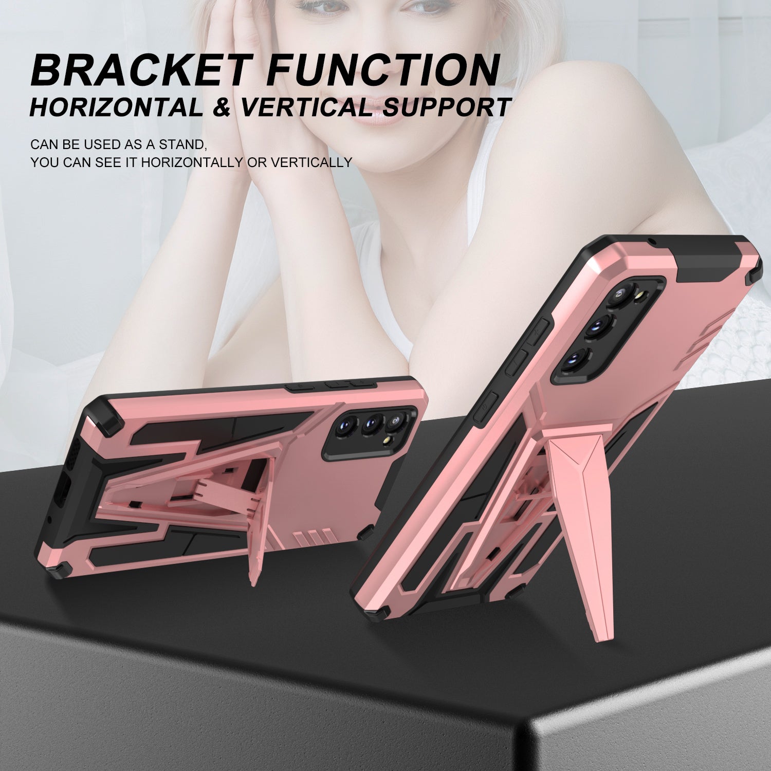 Kickstand Anti-Scratch V-Shaped Armor Hard PC + Soft TPU Frame Hybrid Phone Case for Samsung Galaxy S20 4G/S20 5G - Rose Gold