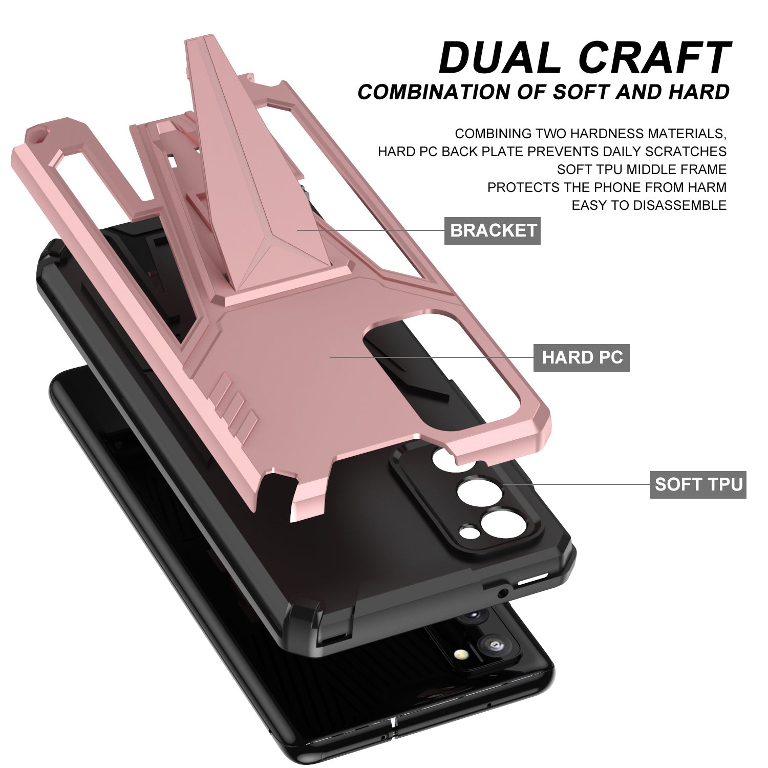 Kickstand Anti-Scratch V-Shaped Armor Hard PC + Soft TPU Frame Hybrid Phone Case for Samsung Galaxy S20 4G/S20 5G - Rose Gold