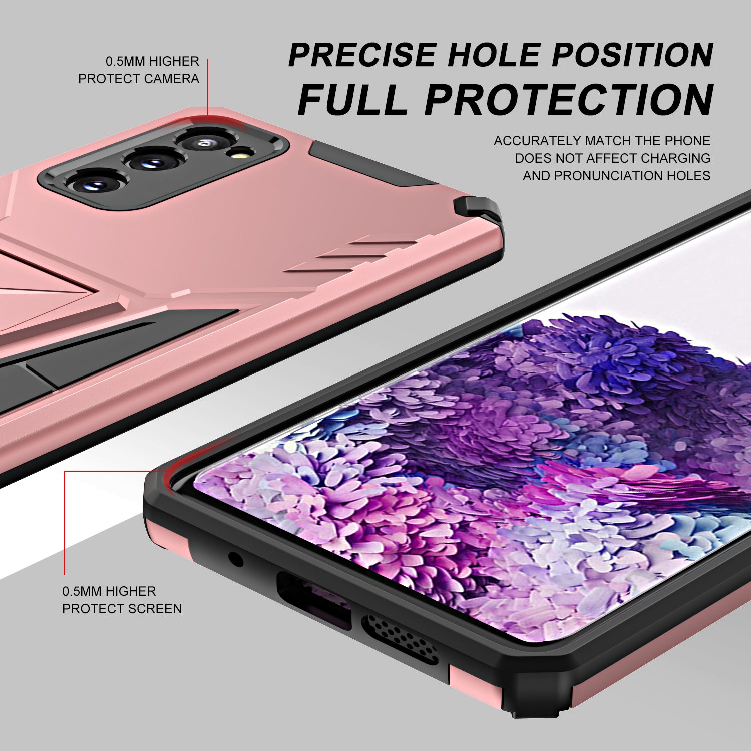 Kickstand Anti-Scratch V-Shaped Armor Hard PC + Soft TPU Frame Hybrid Phone Case for Samsung Galaxy S20 4G/S20 5G - Rose Gold