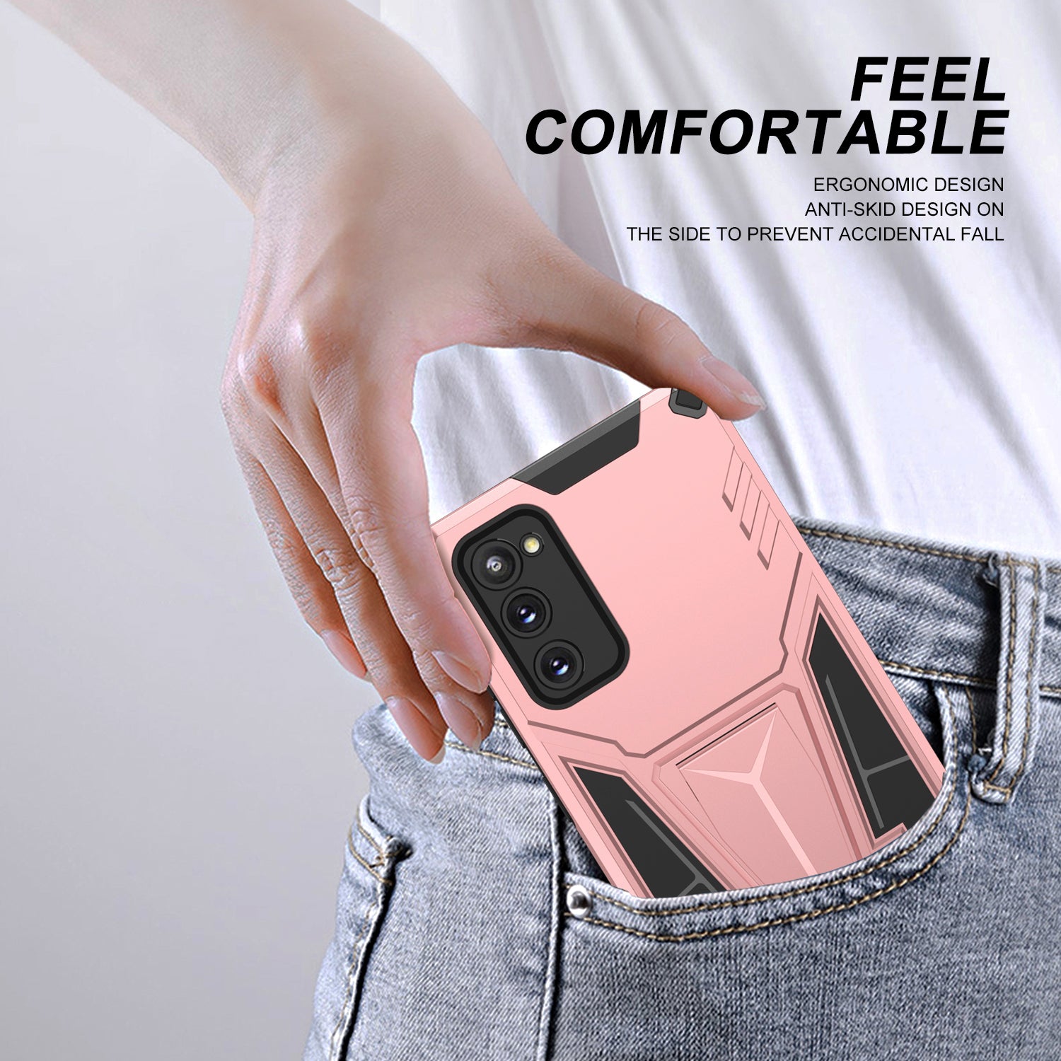 Kickstand Anti-Scratch V-Shaped Armor Hard PC + Soft TPU Frame Hybrid Phone Case for Samsung Galaxy S20 4G/S20 5G - Rose Gold