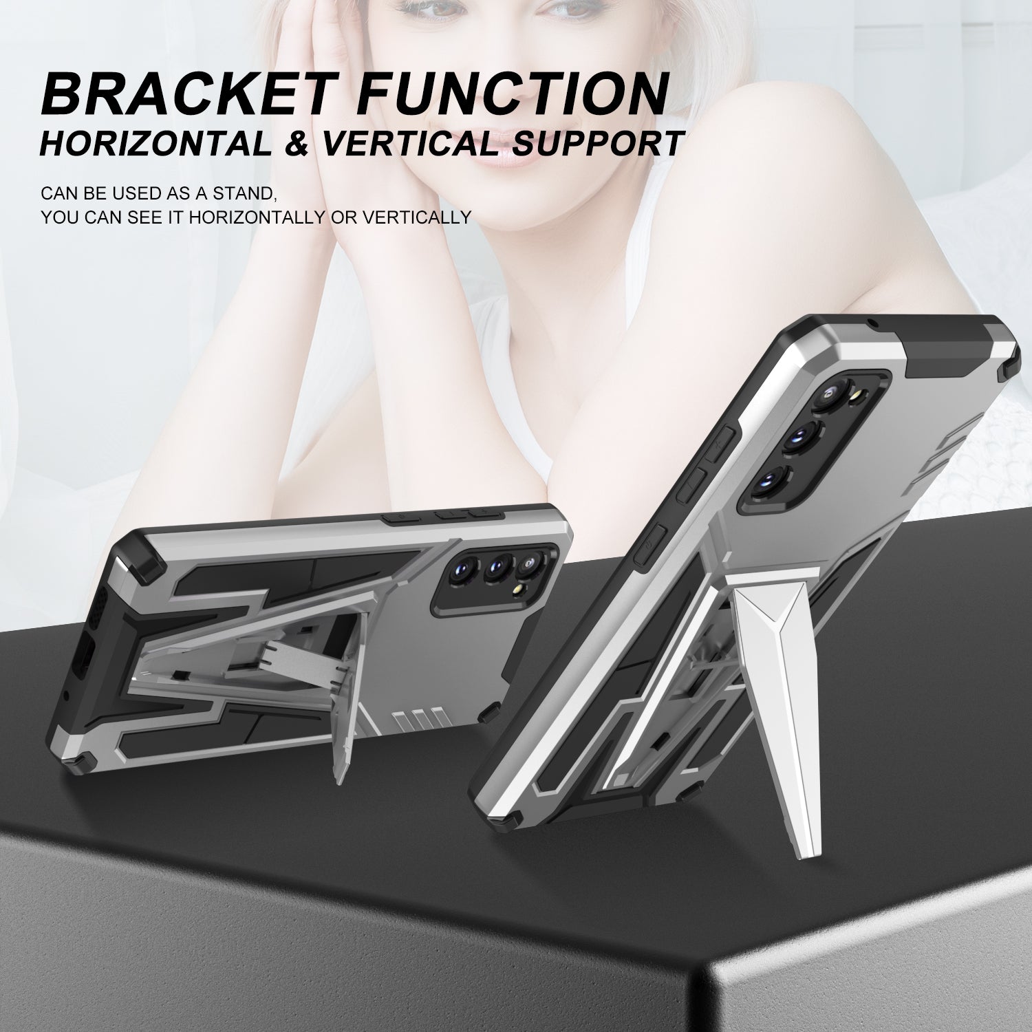 Kickstand Anti-Scratch V-Shaped Armor Hard PC + Soft TPU Frame Hybrid Phone Case for Samsung Galaxy S20 4G/S20 5G - Silver