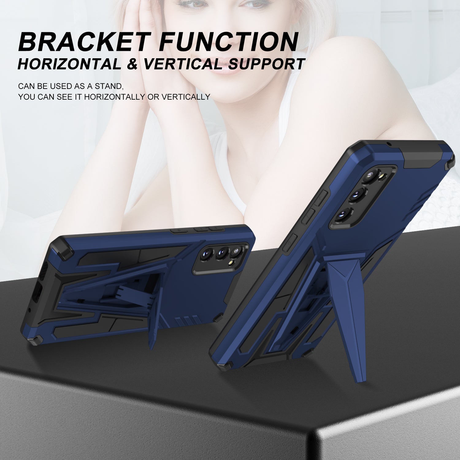 Kickstand Anti-Scratch V-Shaped Armor Hard PC + Soft TPU Frame Hybrid Phone Case for Samsung Galaxy S20 4G/S20 5G - Dark Blue