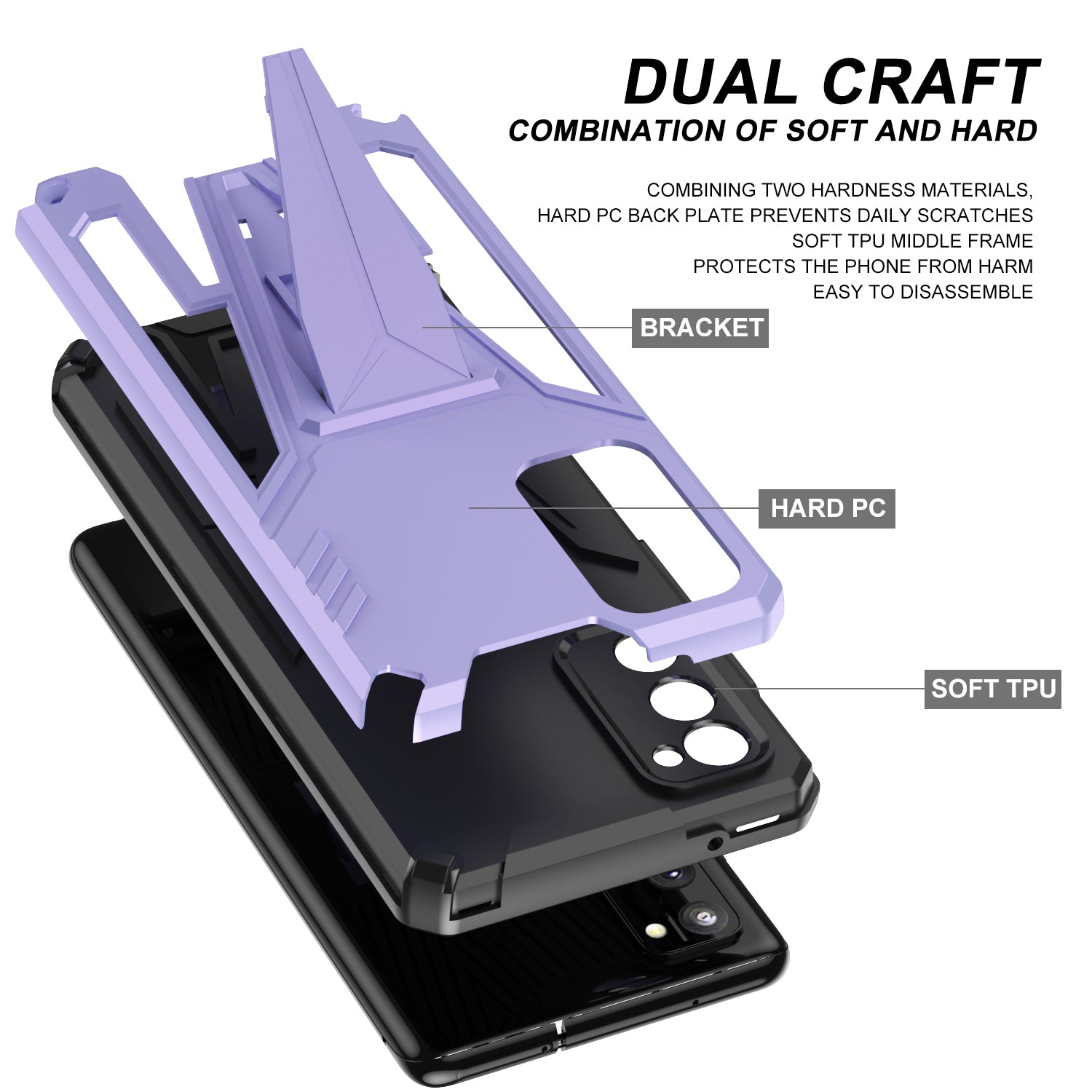 Kickstand Anti-Scratch V-Shaped Armor Hard PC + Soft TPU Frame Hybrid Phone Case for Samsung Galaxy S20 4G/S20 5G - Purple