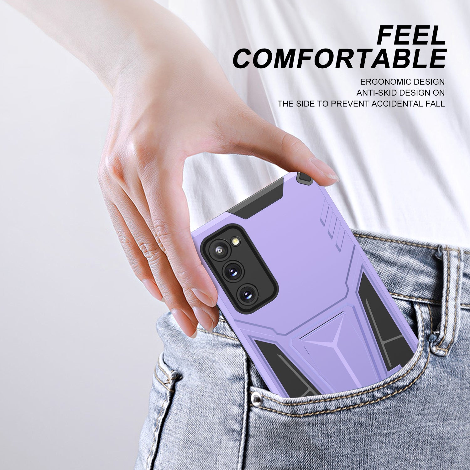 Kickstand Anti-Scratch V-Shaped Armor Hard PC + Soft TPU Frame Hybrid Phone Case for Samsung Galaxy S20 4G/S20 5G - Purple