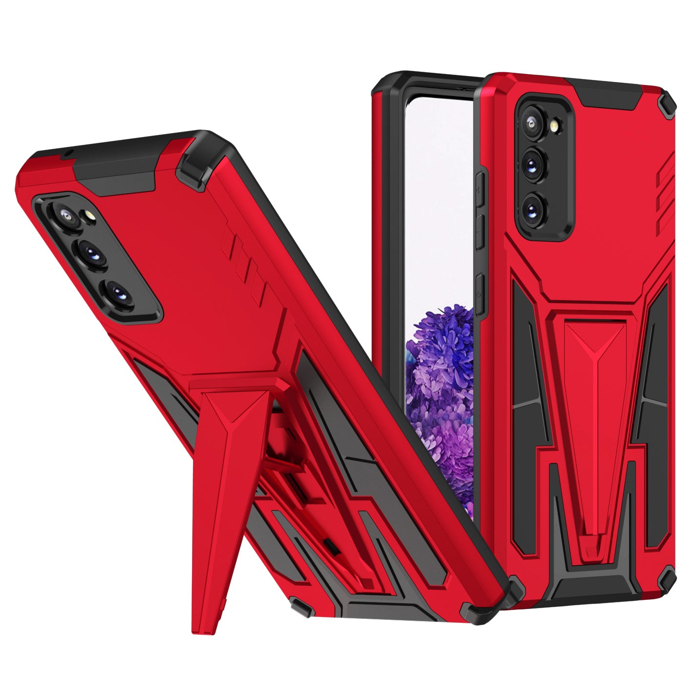 Kickstand Anti-Scratch V-Shaped Armor Hard PC + Soft TPU Frame Hybrid Phone Case for Samsung Galaxy S20 4G/S20 5G - Red