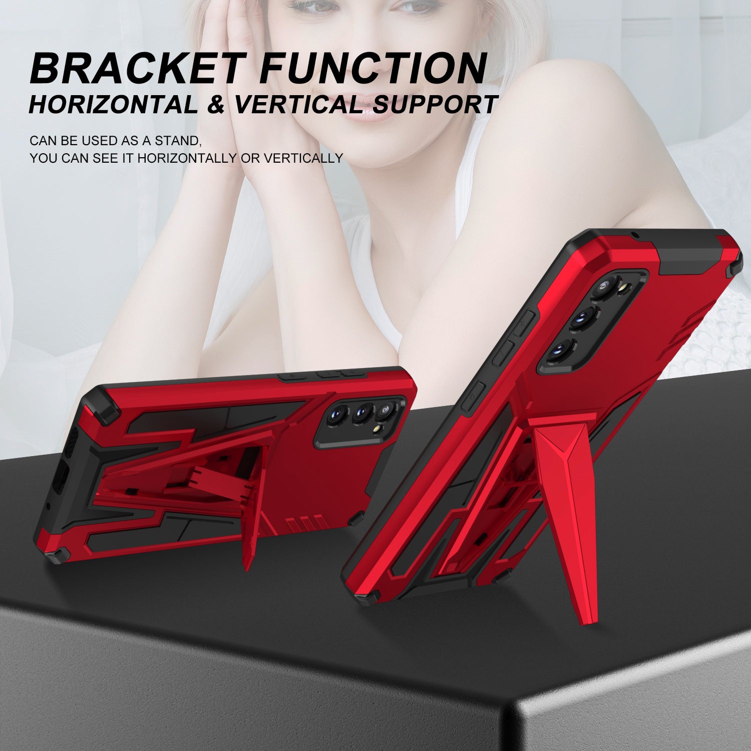 Kickstand Anti-Scratch V-Shaped Armor Hard PC + Soft TPU Frame Hybrid Phone Case for Samsung Galaxy S20 4G/S20 5G - Red