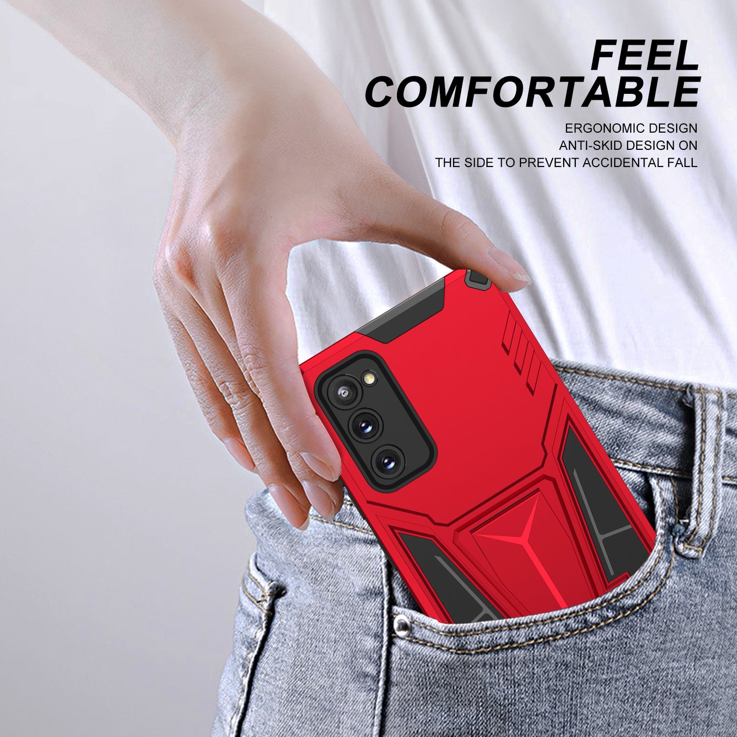 Kickstand Anti-Scratch V-Shaped Armor Hard PC + Soft TPU Frame Hybrid Phone Case for Samsung Galaxy S20 4G/S20 5G - Red