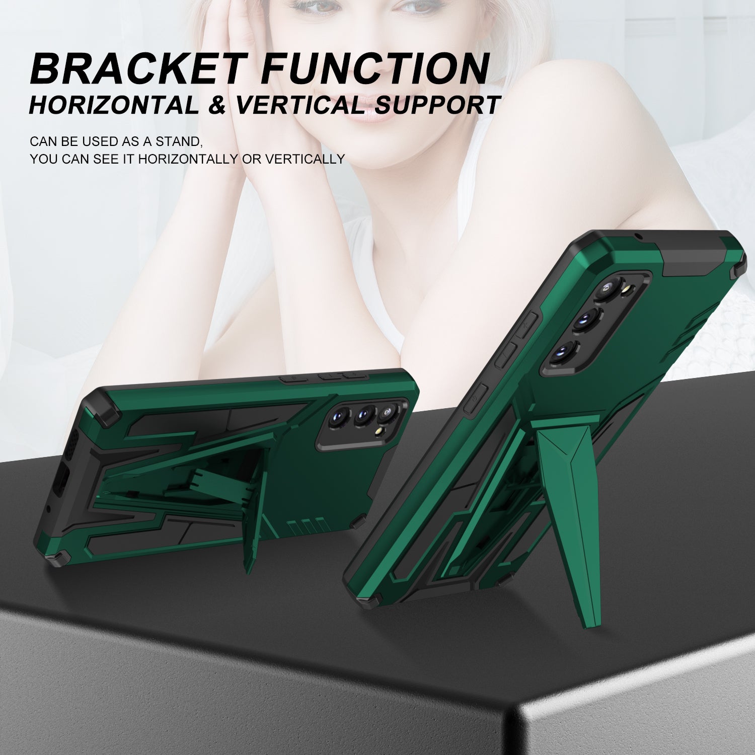 Kickstand Anti-Scratch V-Shaped Armor Hard PC + Soft TPU Frame Hybrid Phone Case for Samsung Galaxy S20 4G/S20 5G - Dark Green