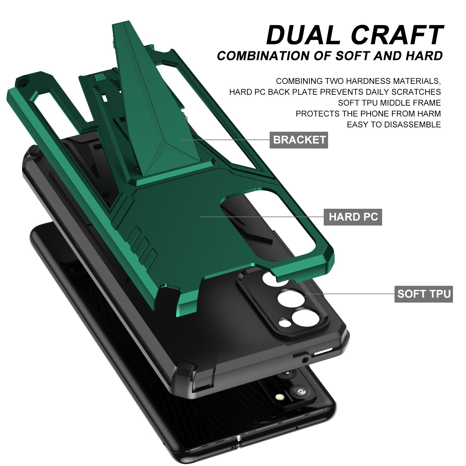 Kickstand Anti-Scratch V-Shaped Armor Hard PC + Soft TPU Frame Hybrid Phone Case for Samsung Galaxy S20 4G/S20 5G - Dark Green