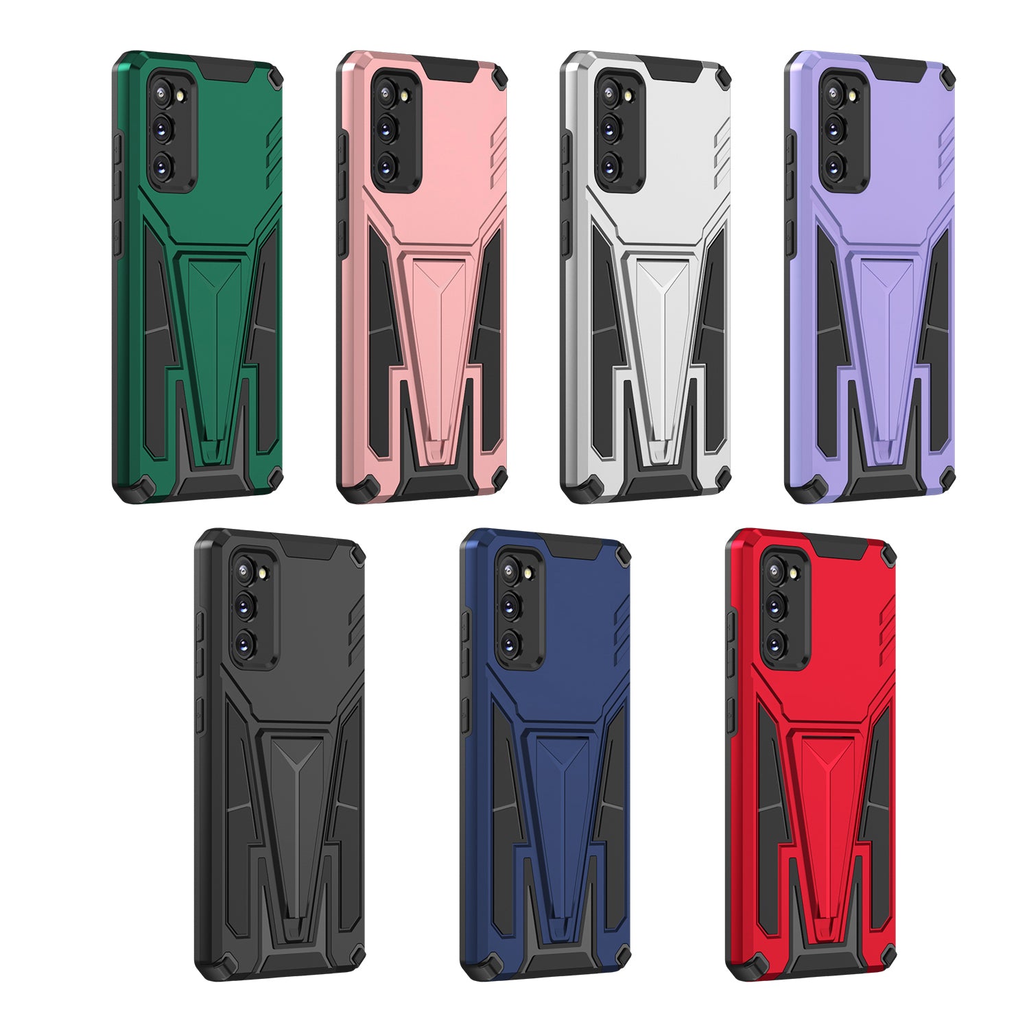 Kickstand Anti-Scratch V-Shaped Armor Hard PC + Soft TPU Frame Hybrid Phone Case for Samsung Galaxy S20 4G/S20 5G - Dark Green