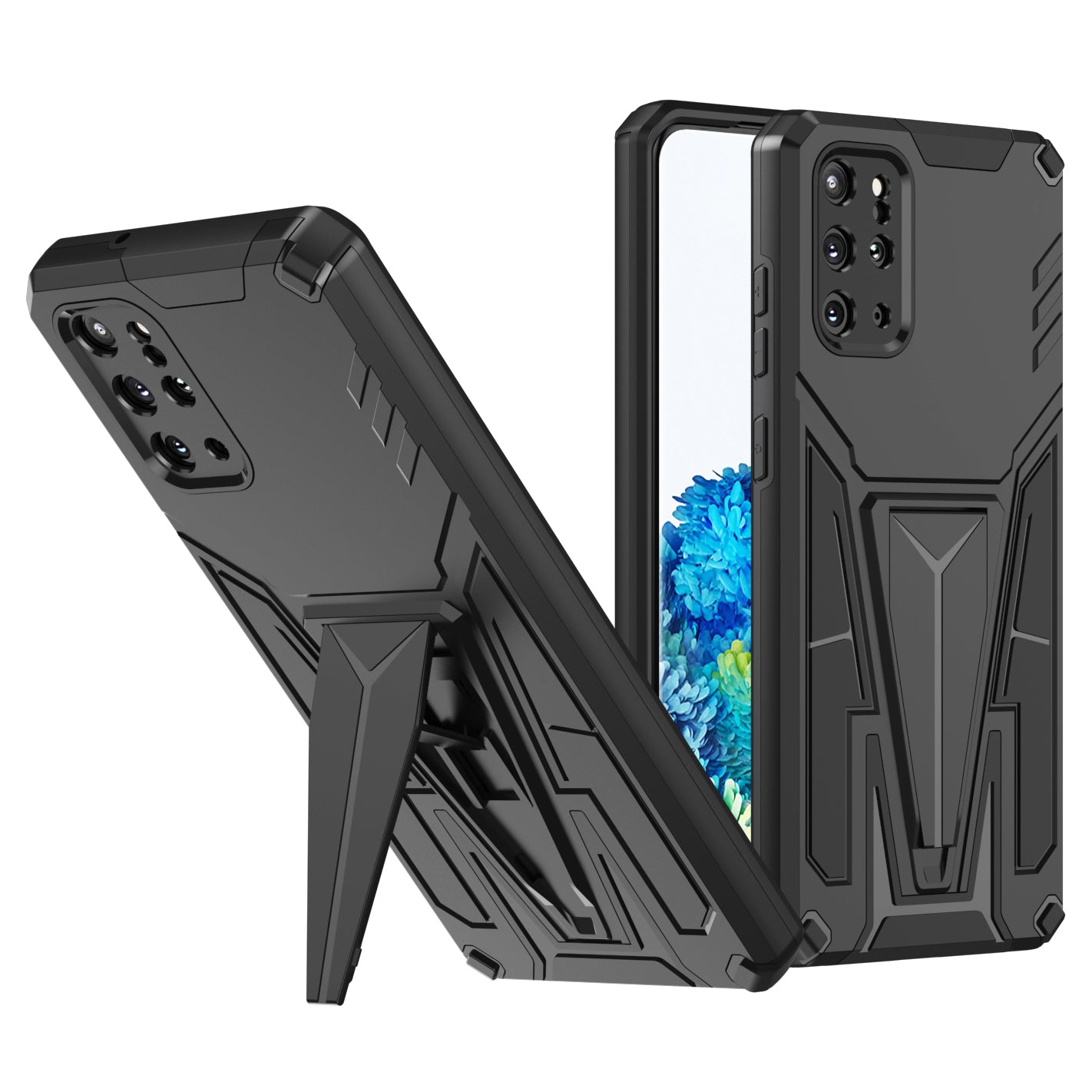 Kickstand Combo Rugged PC + Soft TPU V-Shaped Armor Protective Phone Case for Samsung Galaxy S20 Plus - Black