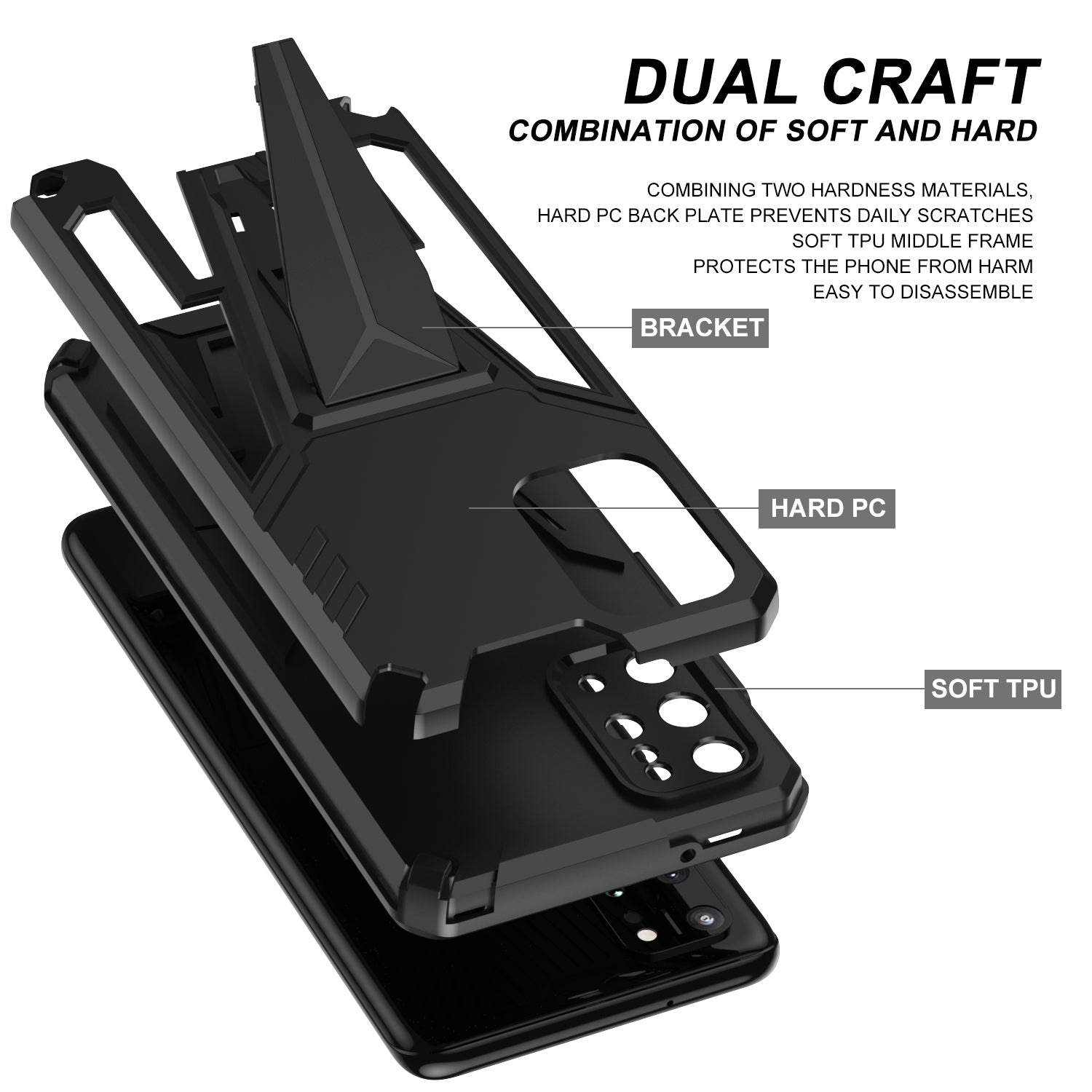 Kickstand Combo Rugged PC + Soft TPU V-Shaped Armor Protective Phone Case for Samsung Galaxy S20 Plus - Black