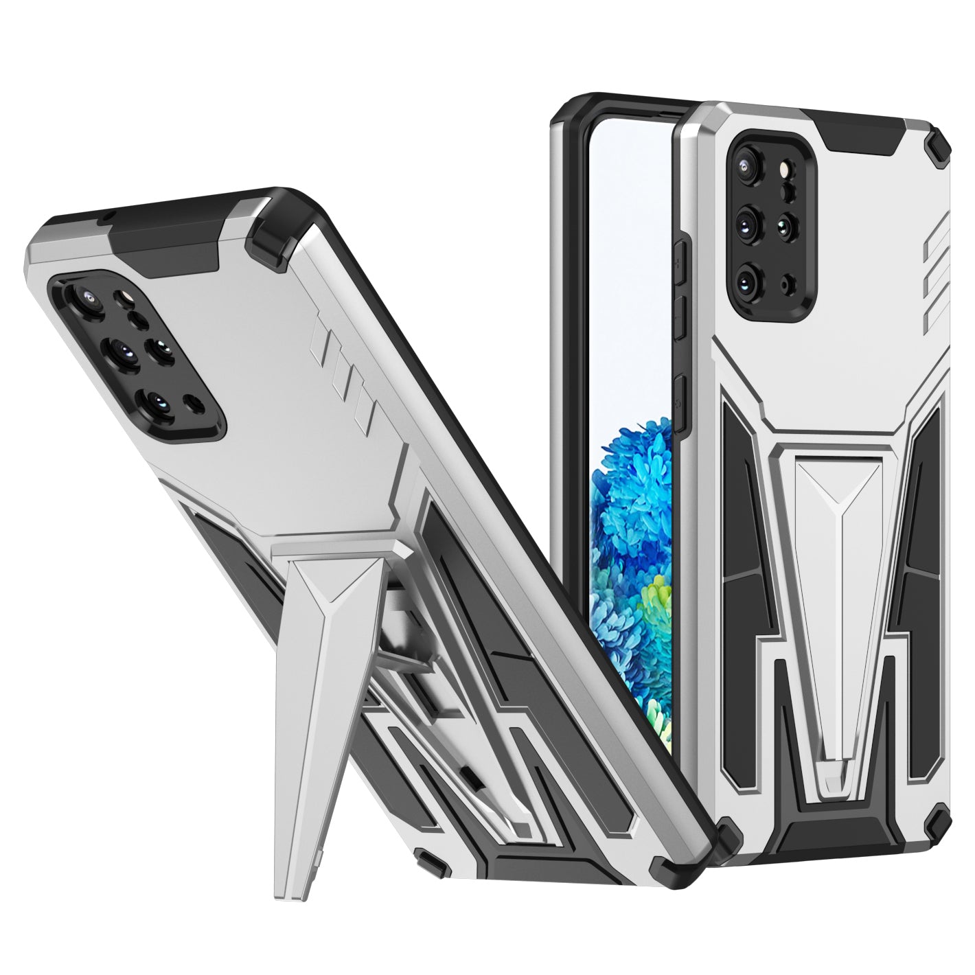 Kickstand Combo Rugged PC + Soft TPU V-Shaped Armor Protective Phone Case for Samsung Galaxy S20 Plus - Silver