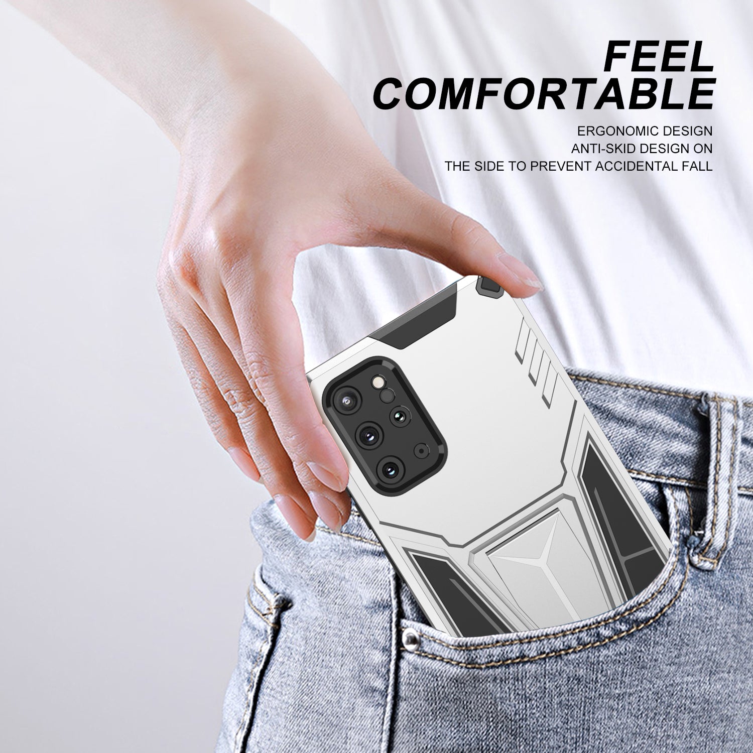 Kickstand Combo Rugged PC + Soft TPU V-Shaped Armor Protective Phone Case for Samsung Galaxy S20 Plus - Silver