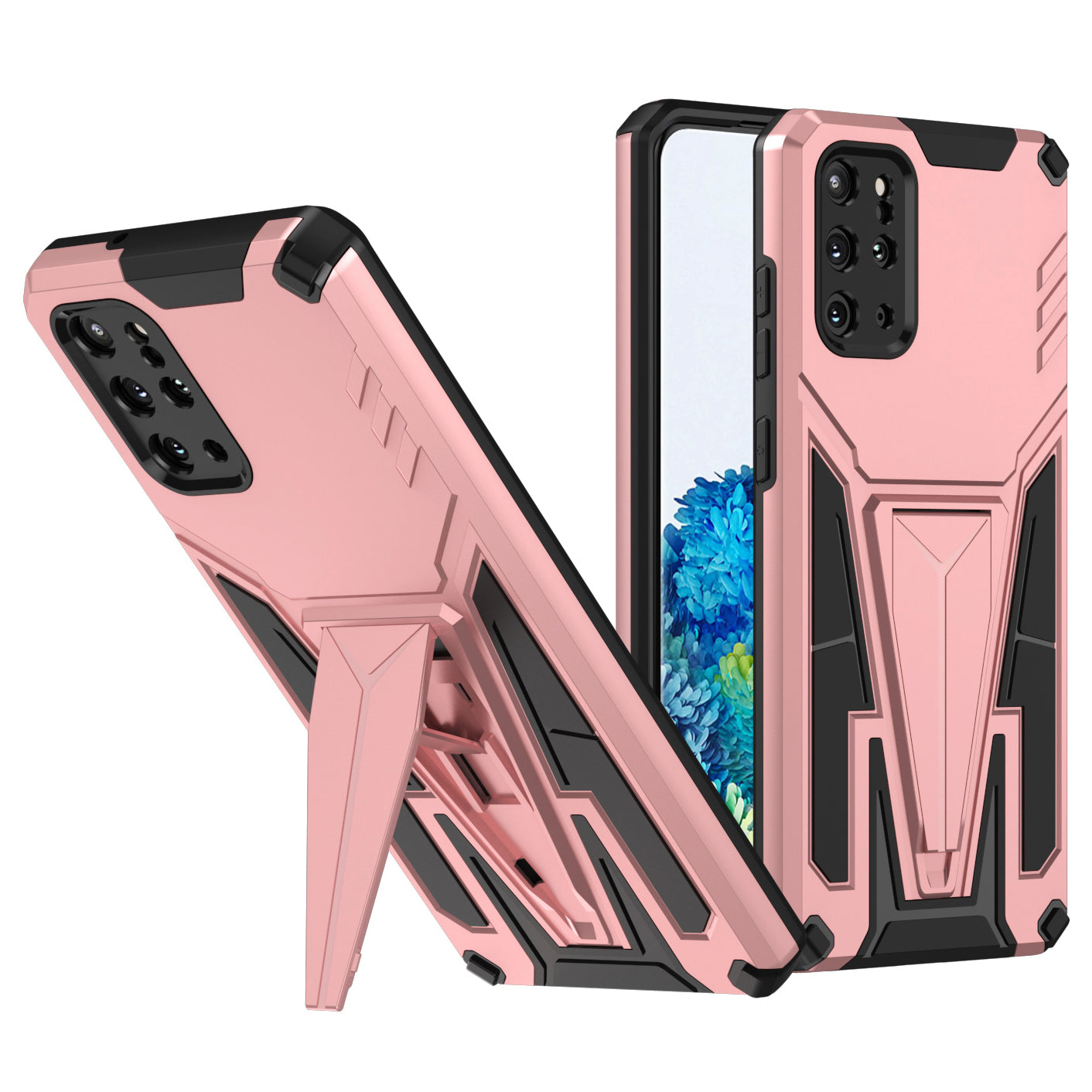 Kickstand Combo Rugged PC + Soft TPU V-Shaped Armor Protective Phone Case for Samsung Galaxy S20 Plus - Rose Gold