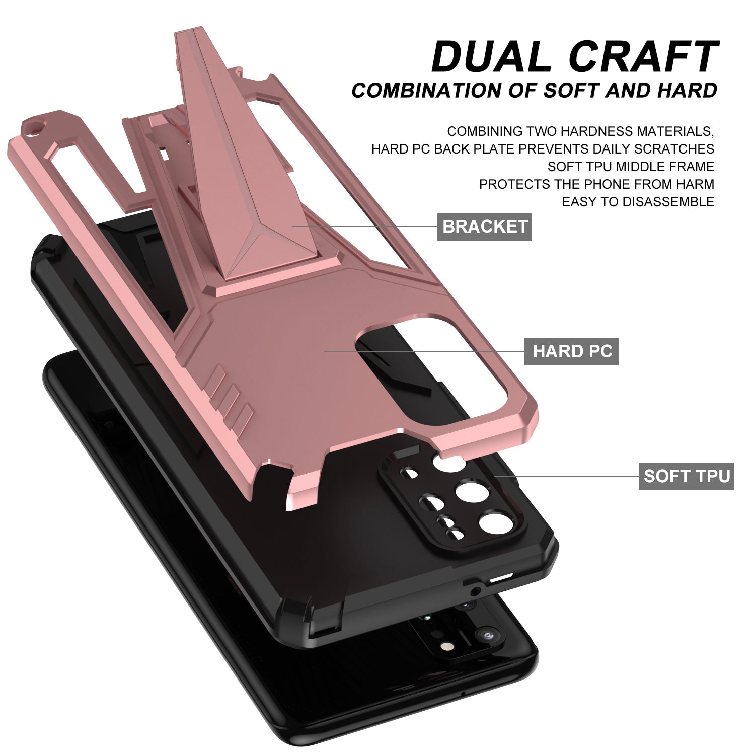 Kickstand Combo Rugged PC + Soft TPU V-Shaped Armor Protective Phone Case for Samsung Galaxy S20 Plus - Rose Gold