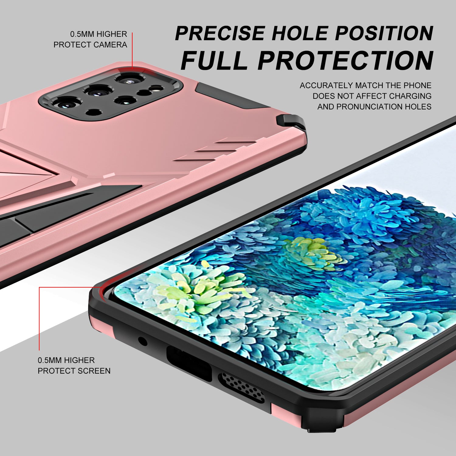 Kickstand Combo Rugged PC + Soft TPU V-Shaped Armor Protective Phone Case for Samsung Galaxy S20 Plus - Rose Gold