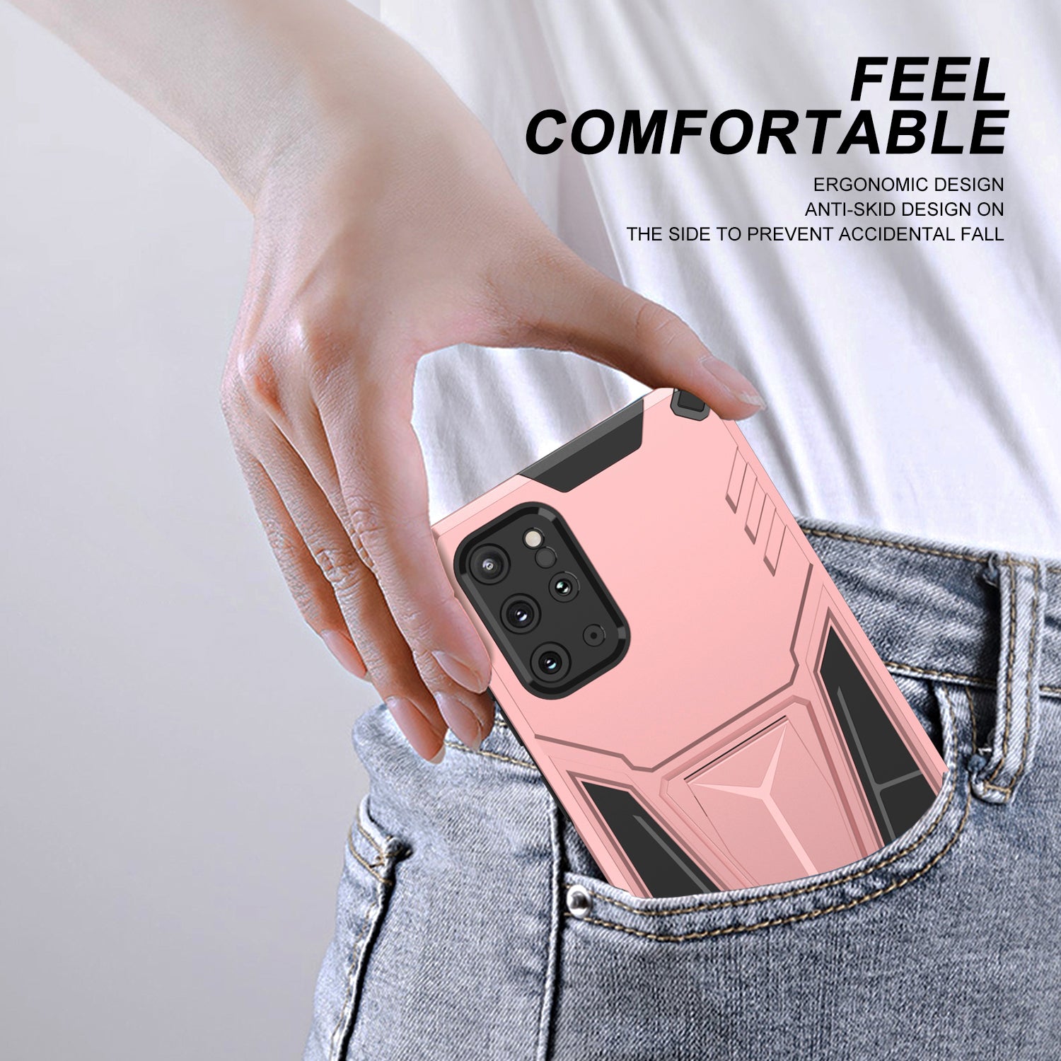 Kickstand Combo Rugged PC + Soft TPU V-Shaped Armor Protective Phone Case for Samsung Galaxy S20 Plus - Rose Gold