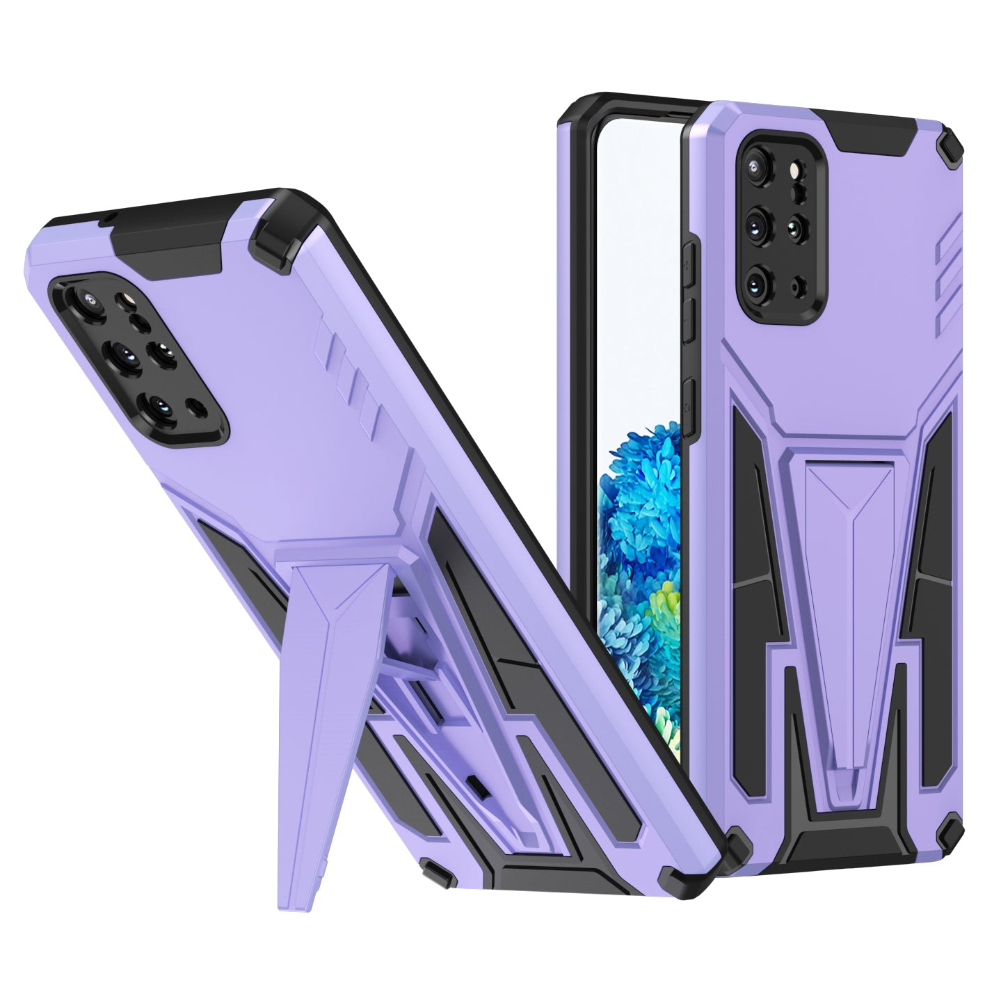 Kickstand Combo Rugged PC + Soft TPU V-Shaped Armor Protective Phone Case for Samsung Galaxy S20 Plus - Purple