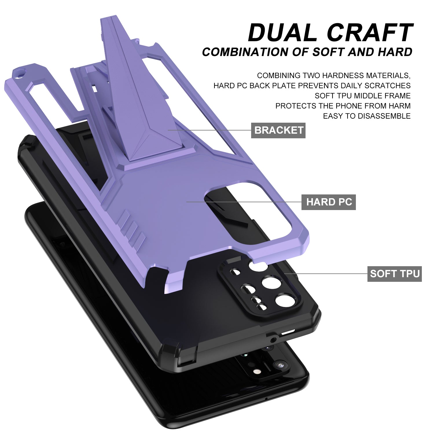 Kickstand Combo Rugged PC + Soft TPU V-Shaped Armor Protective Phone Case for Samsung Galaxy S20 Plus - Purple