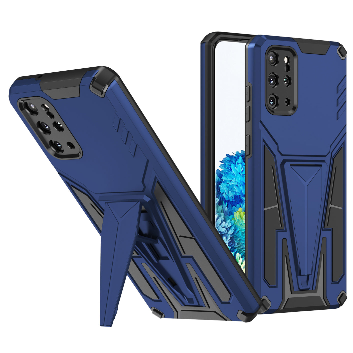 Kickstand Combo Rugged PC + Soft TPU V-Shaped Armor Protective Phone Case for Samsung Galaxy S20 Plus - Dark Blue