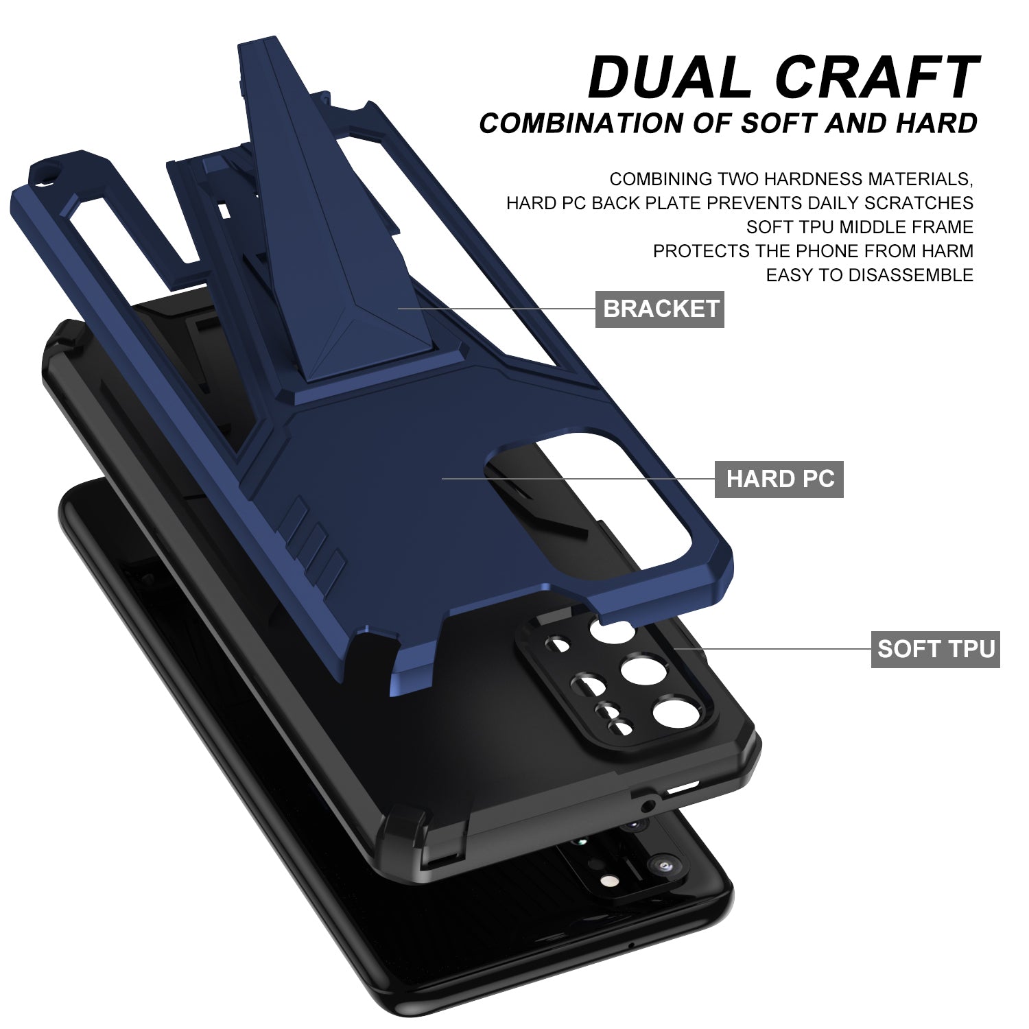 Kickstand Combo Rugged PC + Soft TPU V-Shaped Armor Protective Phone Case for Samsung Galaxy S20 Plus - Dark Blue