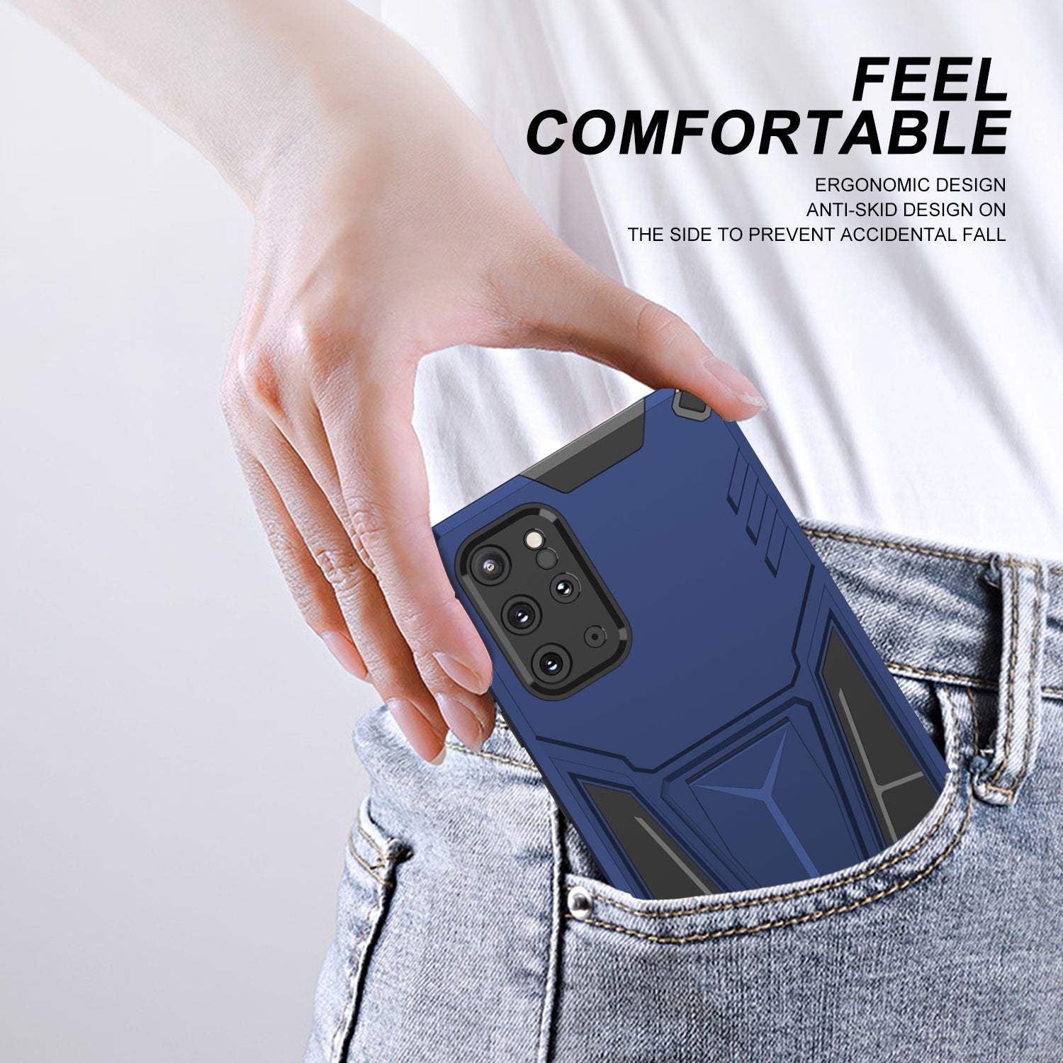 Kickstand Combo Rugged PC + Soft TPU V-Shaped Armor Protective Phone Case for Samsung Galaxy S20 Plus - Dark Blue