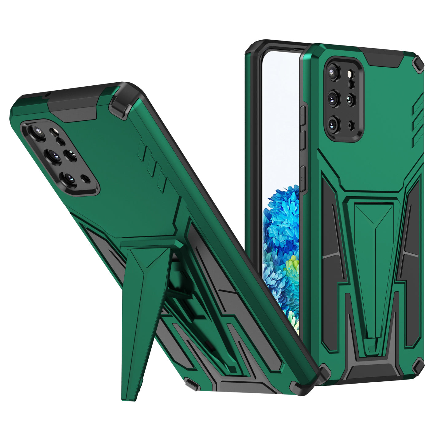 Kickstand Combo Rugged PC + Soft TPU V-Shaped Armor Protective Phone Case for Samsung Galaxy S20 Plus - Dark Green