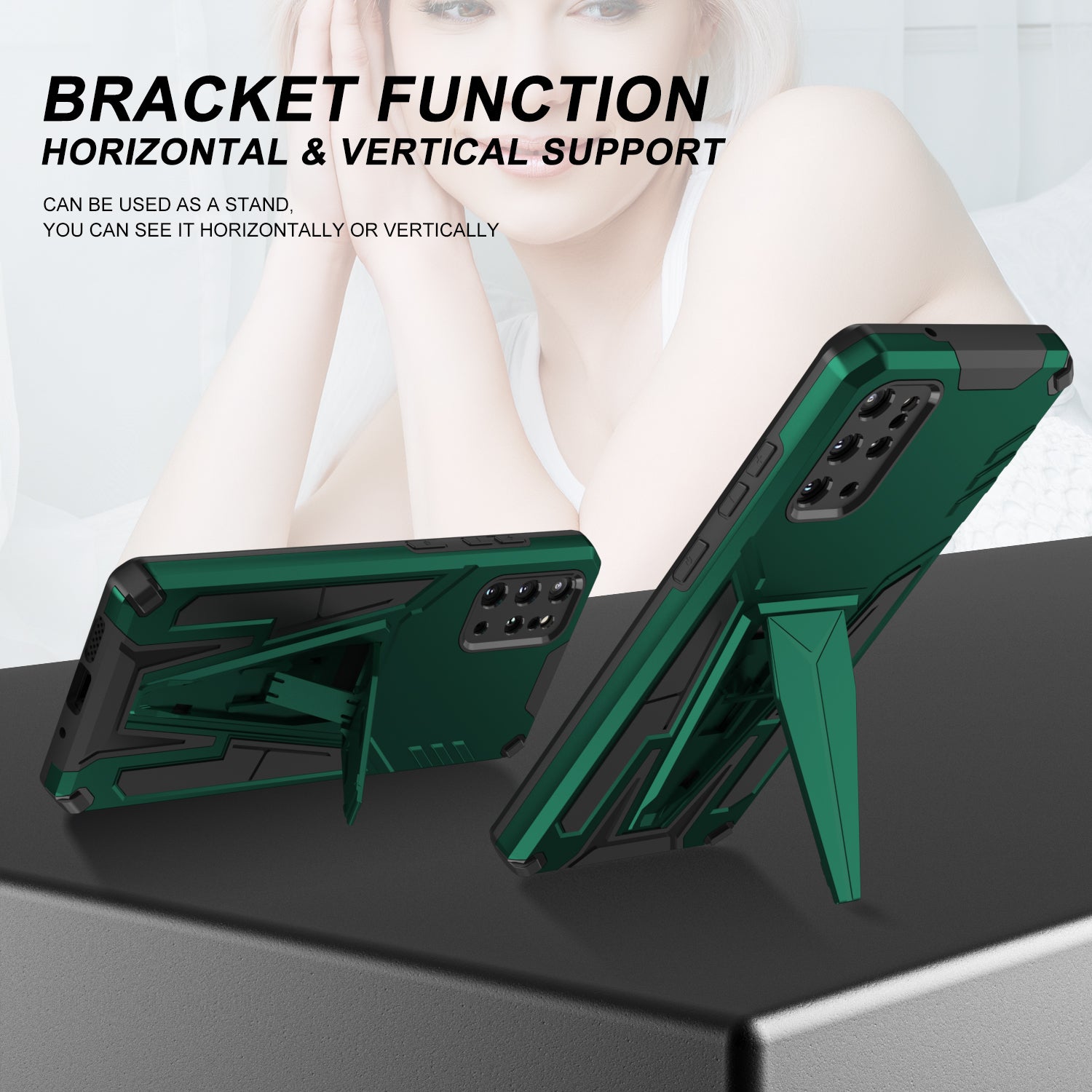 Kickstand Combo Rugged PC + Soft TPU V-Shaped Armor Protective Phone Case for Samsung Galaxy S20 Plus - Dark Green