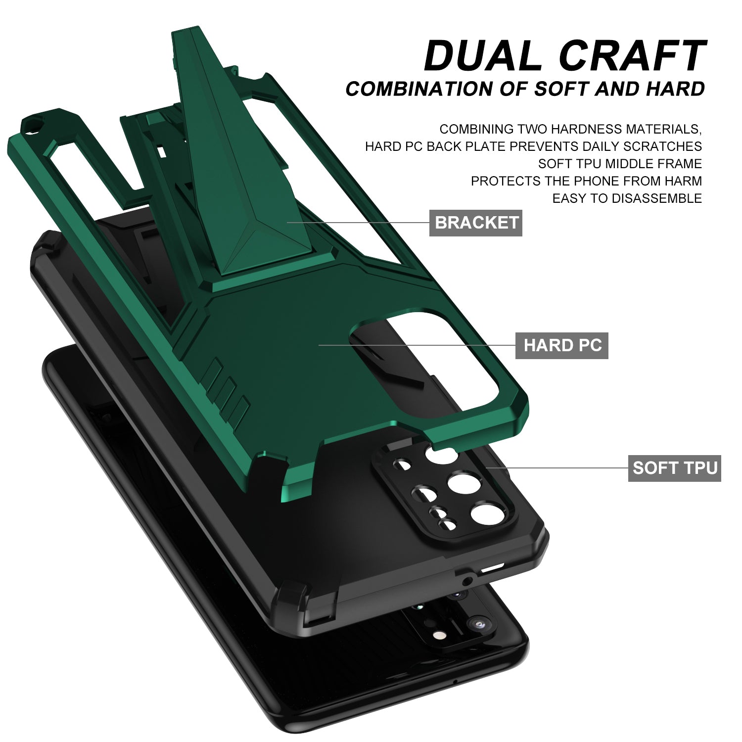 Kickstand Combo Rugged PC + Soft TPU V-Shaped Armor Protective Phone Case for Samsung Galaxy S20 Plus - Dark Green