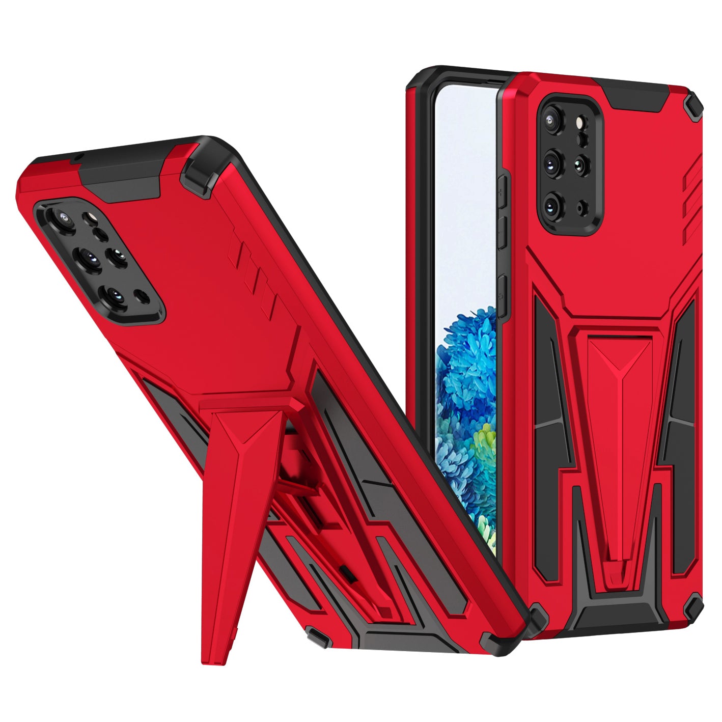 Kickstand Combo Rugged PC + Soft TPU V-Shaped Armor Protective Phone Case for Samsung Galaxy S20 Plus - Red