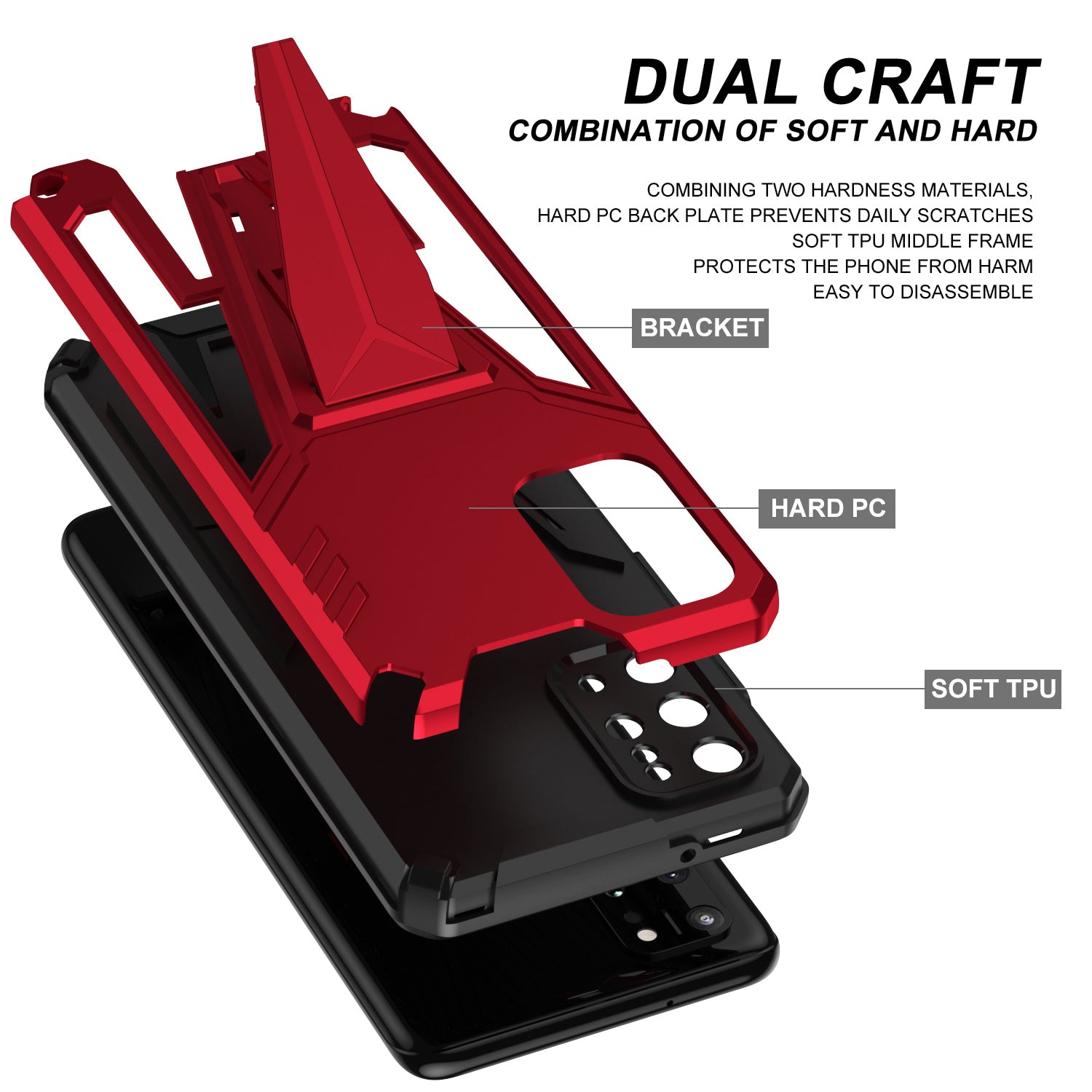 Kickstand Combo Rugged PC + Soft TPU V-Shaped Armor Protective Phone Case for Samsung Galaxy S20 Plus - Red