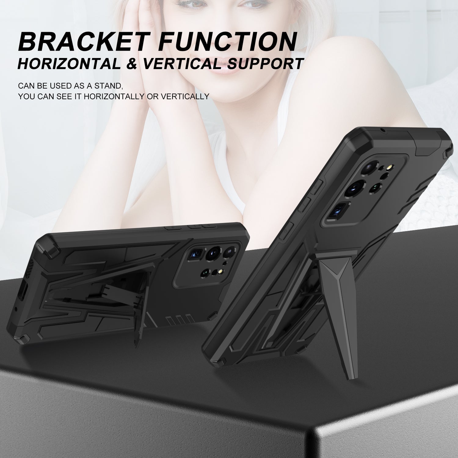 Dual-Layer Shock-Absorption V-Shaped Armor Hard PC + Flexible TPU Protective Case with Kickstand for Samsung Galaxy S20 Ultra - Black