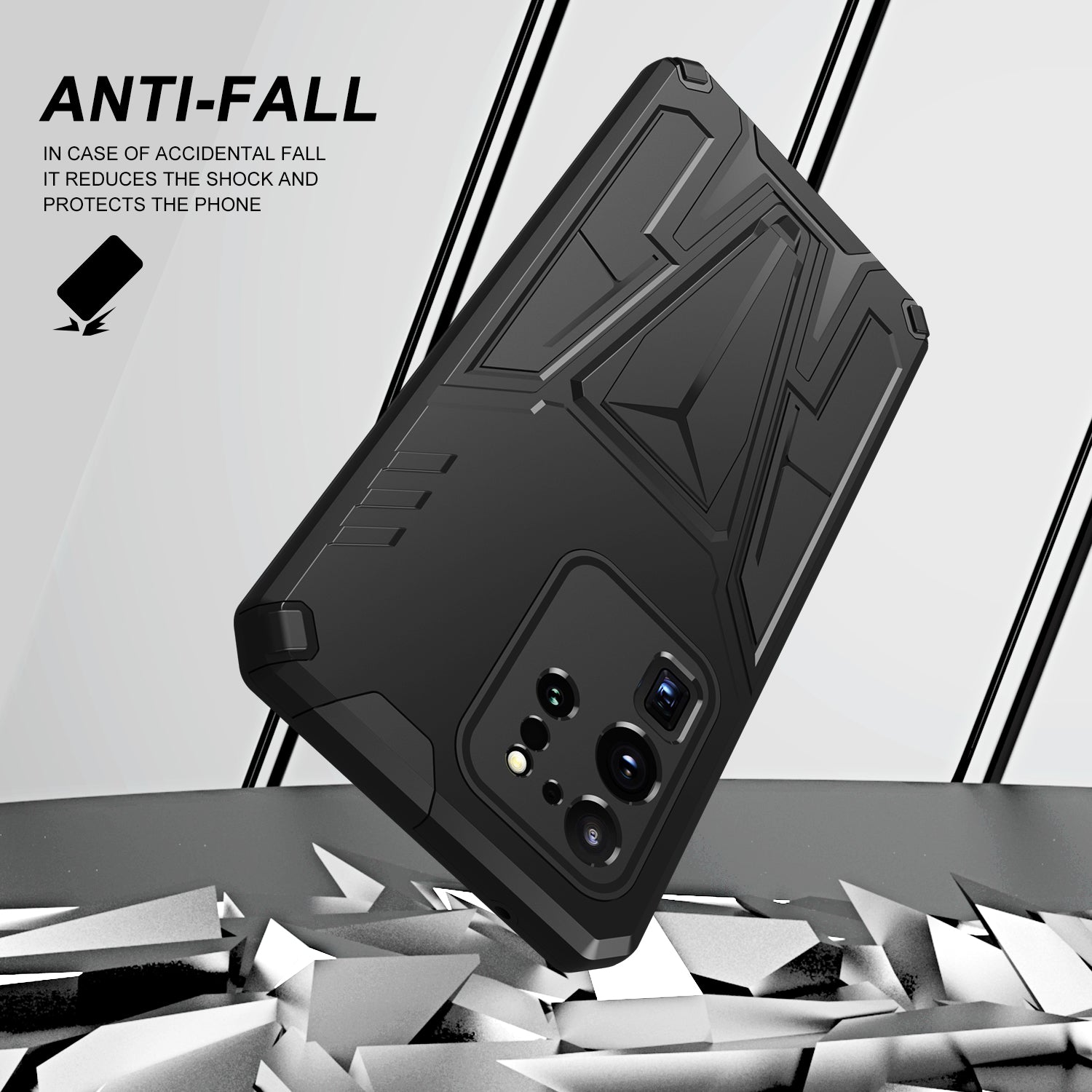 Dual-Layer Shock-Absorption V-Shaped Armor Hard PC + Flexible TPU Protective Case with Kickstand for Samsung Galaxy S20 Ultra - Black