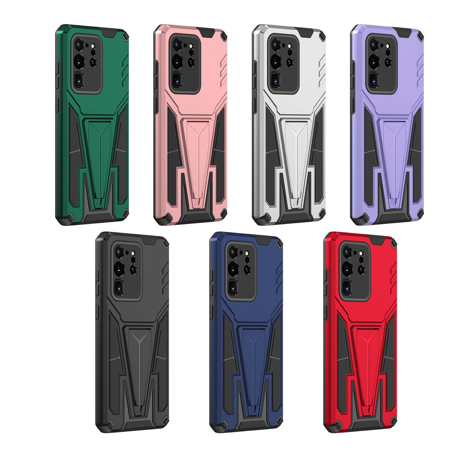 Dual-Layer Shock-Absorption V-Shaped Armor Hard PC + Flexible TPU Protective Case with Kickstand for Samsung Galaxy S20 Ultra - Black