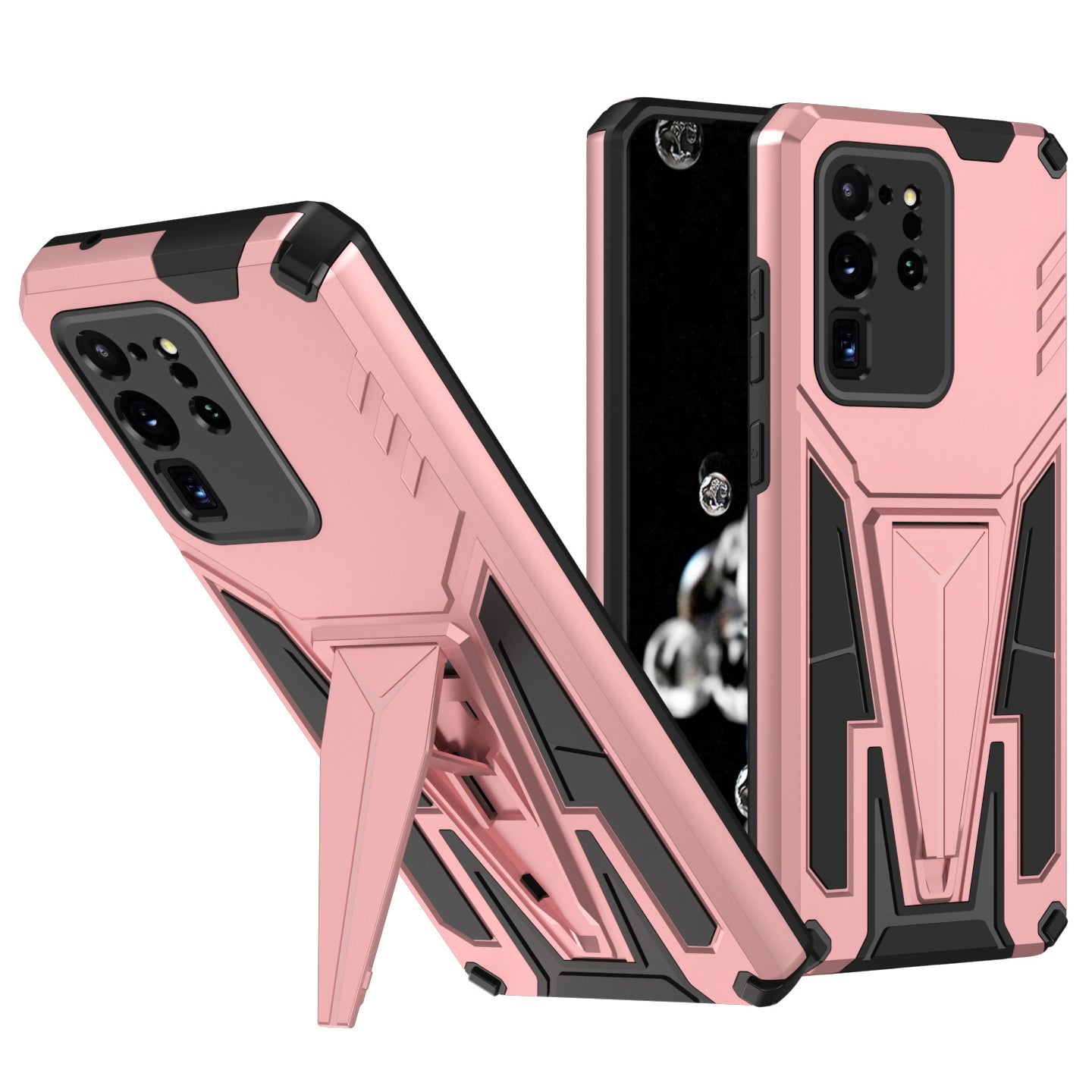 Dual-Layer Shock-Absorption V-Shaped Armor Hard PC + Flexible TPU Protective Case with Kickstand for Samsung Galaxy S20 Ultra - Rose Gold