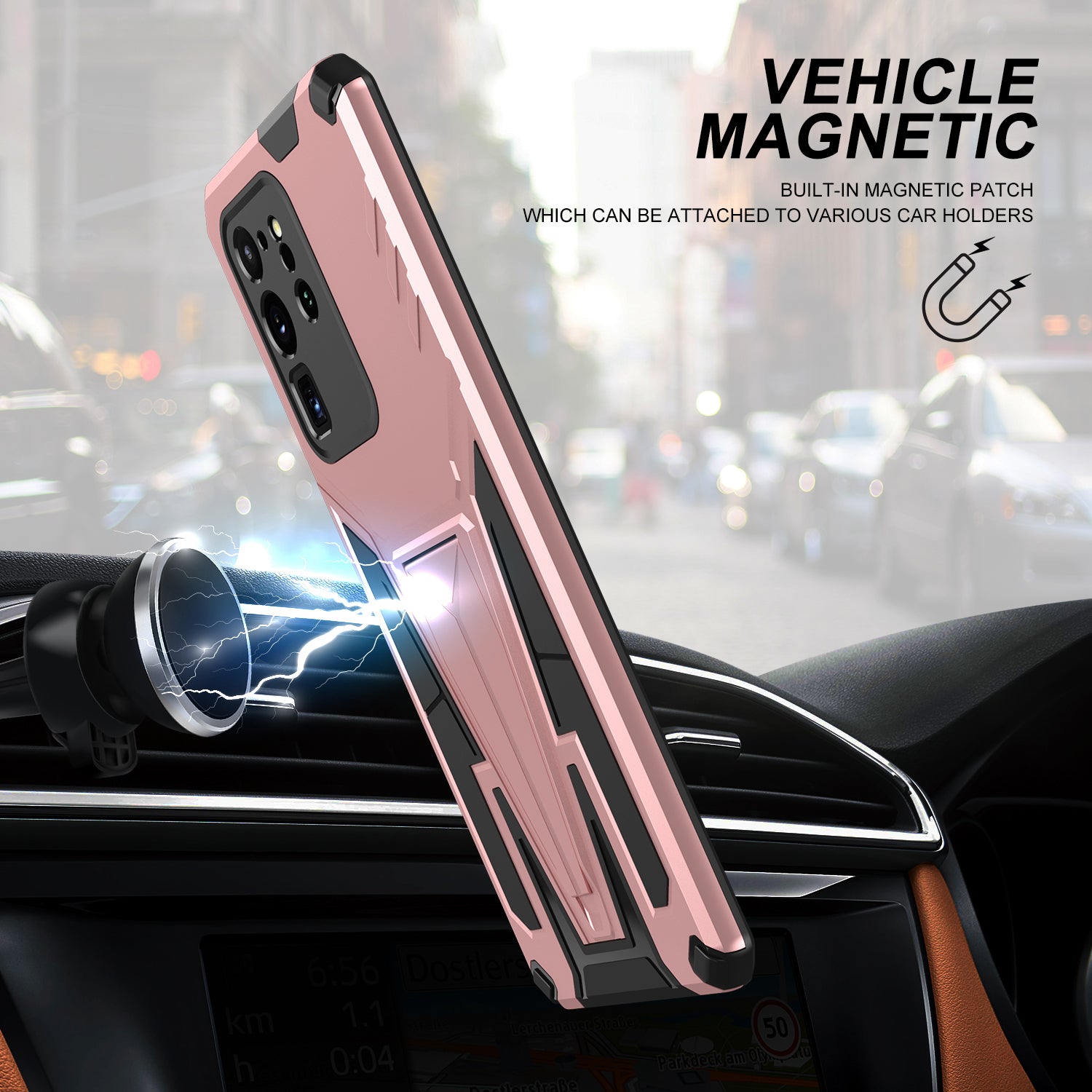 Dual-Layer Shock-Absorption V-Shaped Armor Hard PC + Flexible TPU Protective Case with Kickstand for Samsung Galaxy S20 Ultra - Rose Gold