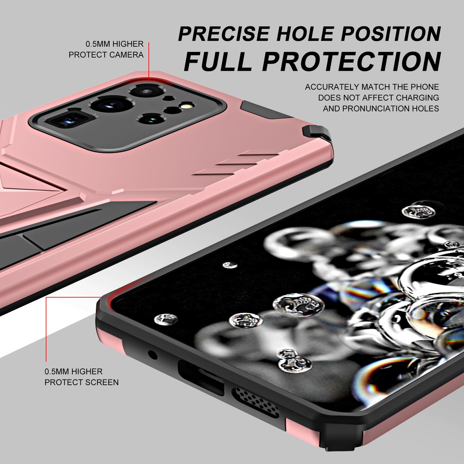 Dual-Layer Shock-Absorption V-Shaped Armor Hard PC + Flexible TPU Protective Case with Kickstand for Samsung Galaxy S20 Ultra - Rose Gold