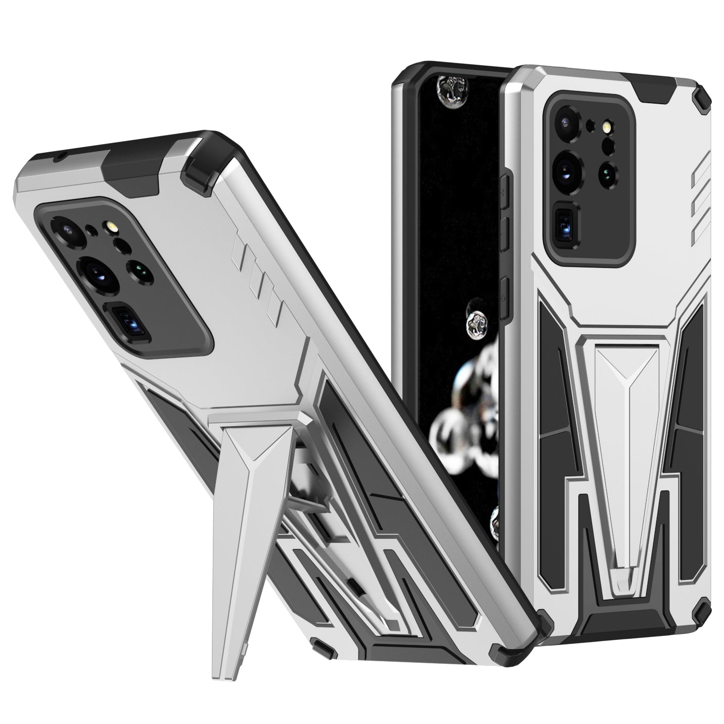 Dual-Layer Shock-Absorption V-Shaped Armor Hard PC + Flexible TPU Protective Case with Kickstand for Samsung Galaxy S20 Ultra - Silver