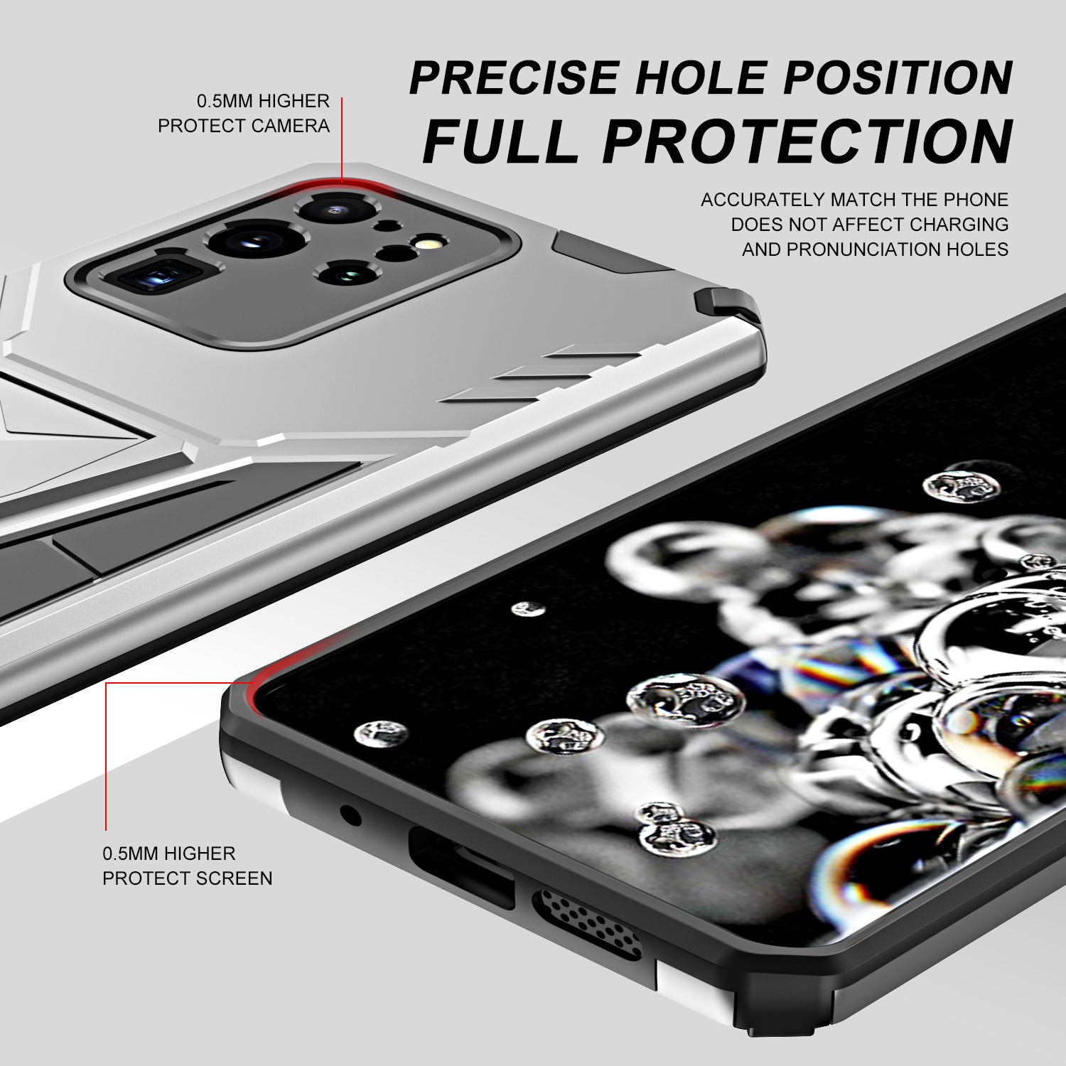 Dual-Layer Shock-Absorption V-Shaped Armor Hard PC + Flexible TPU Protective Case with Kickstand for Samsung Galaxy S20 Ultra - Silver