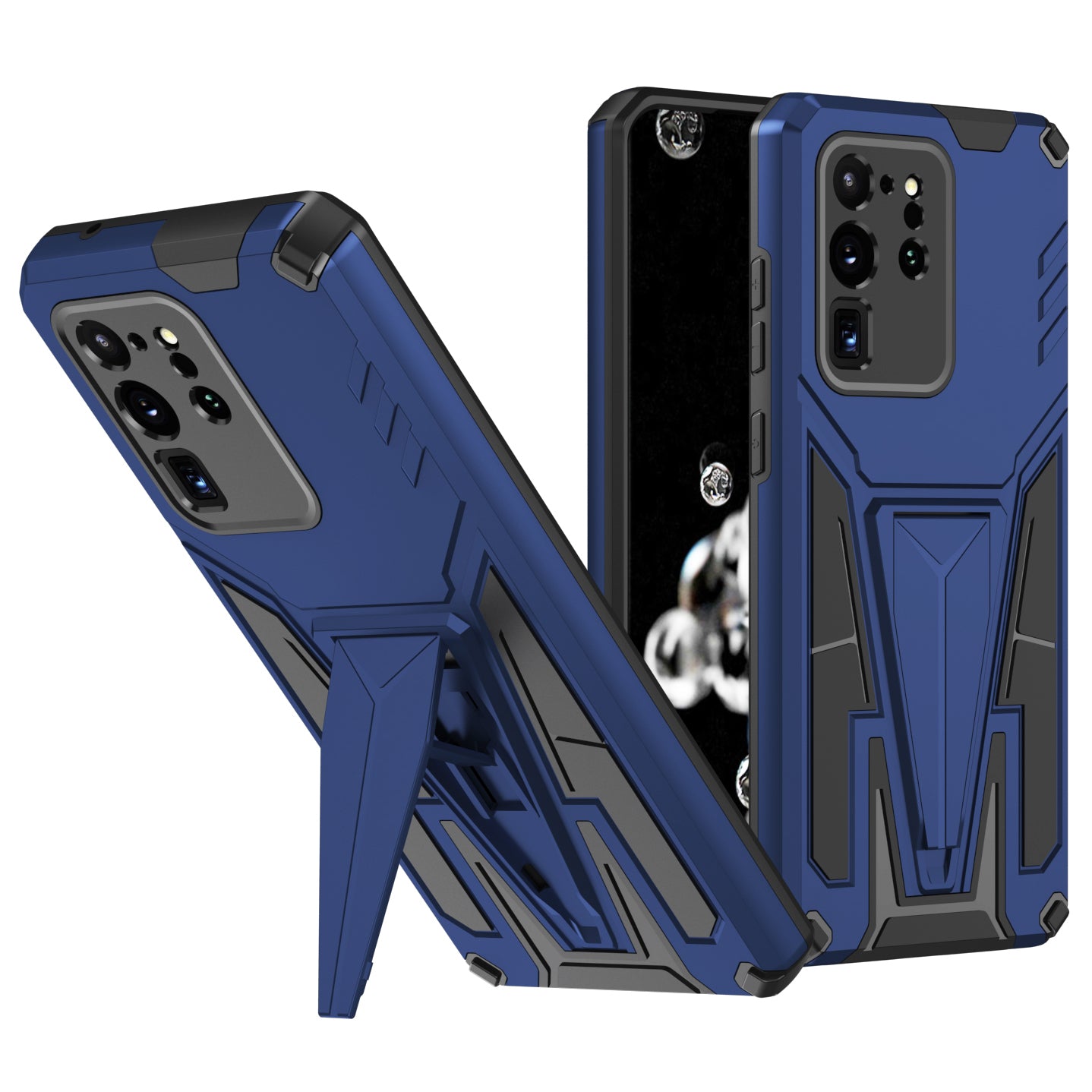 Dual-Layer Shock-Absorption V-Shaped Armor Hard PC + Flexible TPU Protective Case with Kickstand for Samsung Galaxy S20 Ultra - Dark Blue