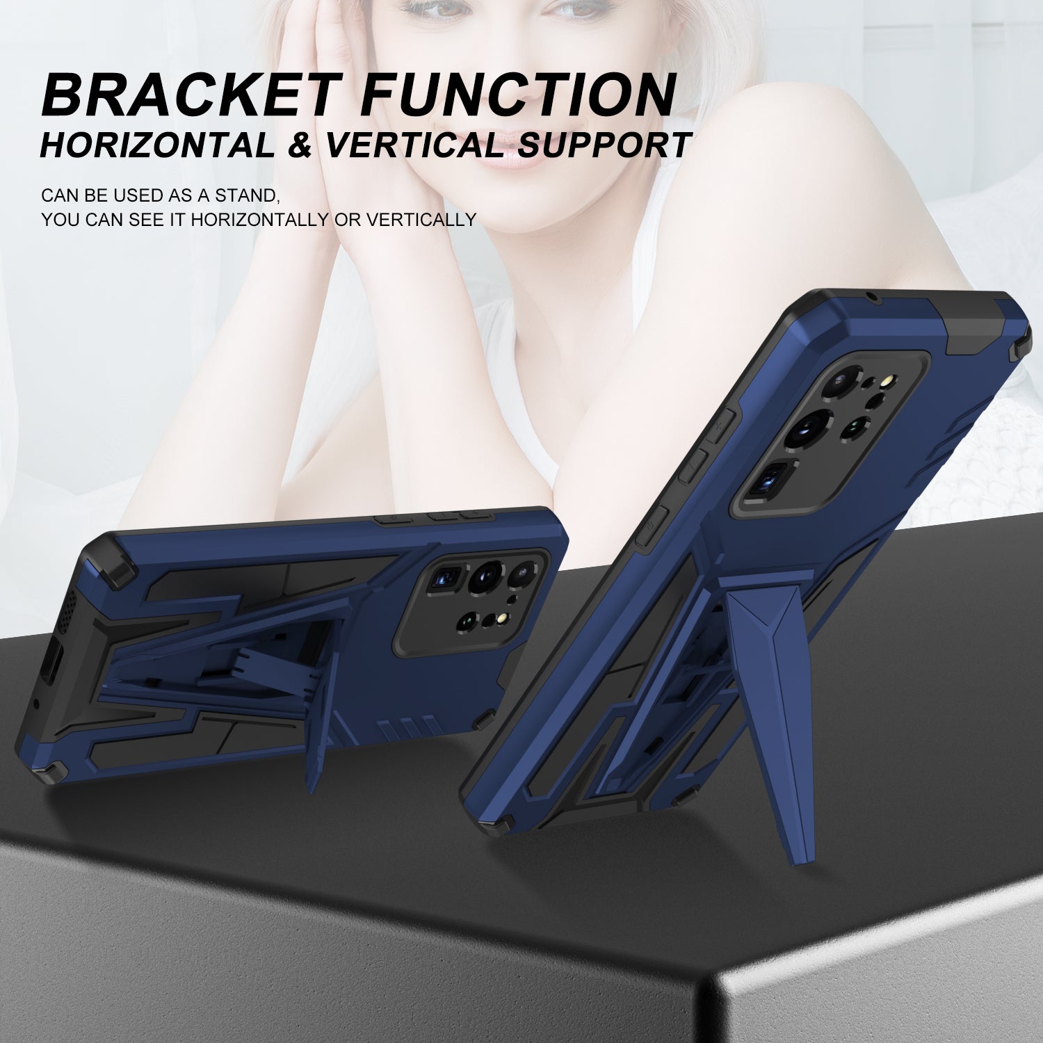 Dual-Layer Shock-Absorption V-Shaped Armor Hard PC + Flexible TPU Protective Case with Kickstand for Samsung Galaxy S20 Ultra - Dark Blue