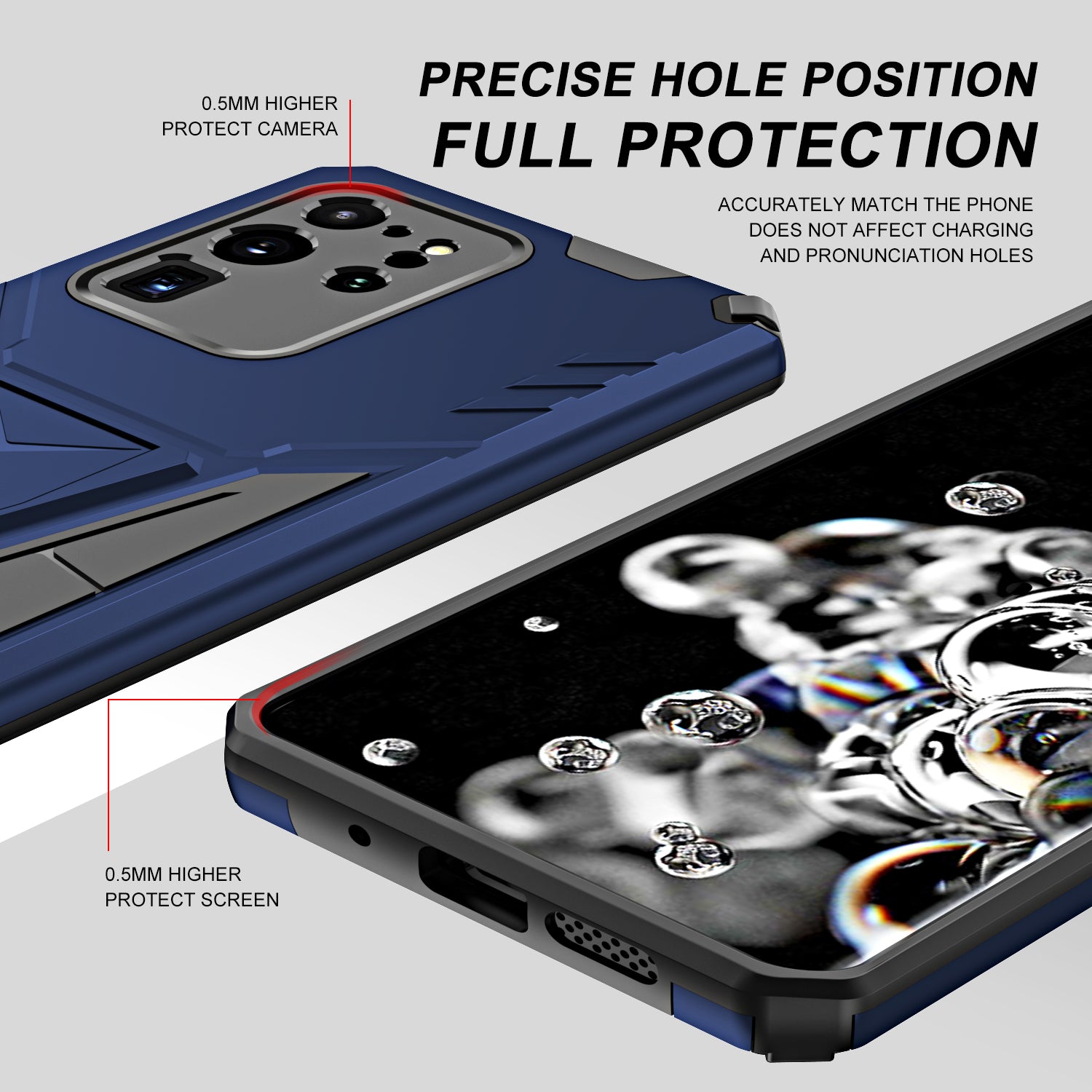 Dual-Layer Shock-Absorption V-Shaped Armor Hard PC + Flexible TPU Protective Case with Kickstand for Samsung Galaxy S20 Ultra - Dark Blue