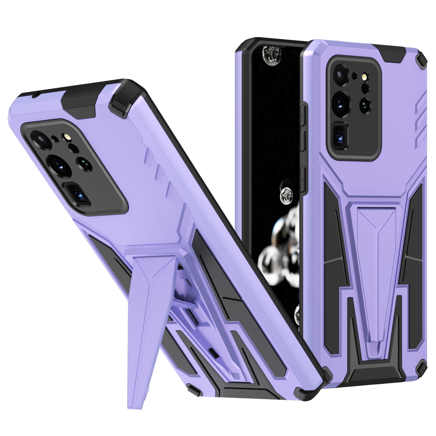 Dual-Layer Shock-Absorption V-Shaped Armor Hard PC + Flexible TPU Protective Case with Kickstand for Samsung Galaxy S20 Ultra - Purple