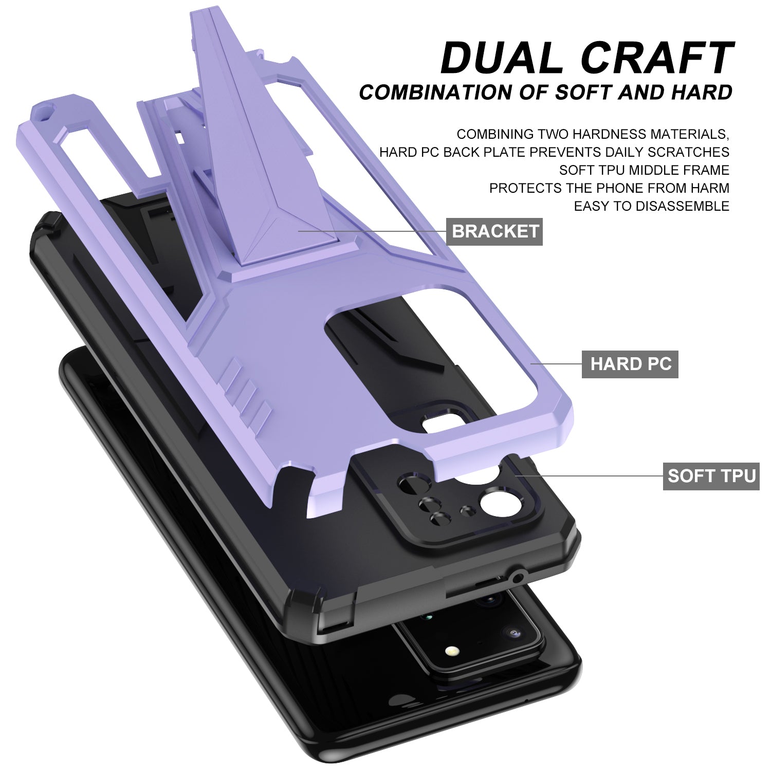 Dual-Layer Shock-Absorption V-Shaped Armor Hard PC + Flexible TPU Protective Case with Kickstand for Samsung Galaxy S20 Ultra - Purple